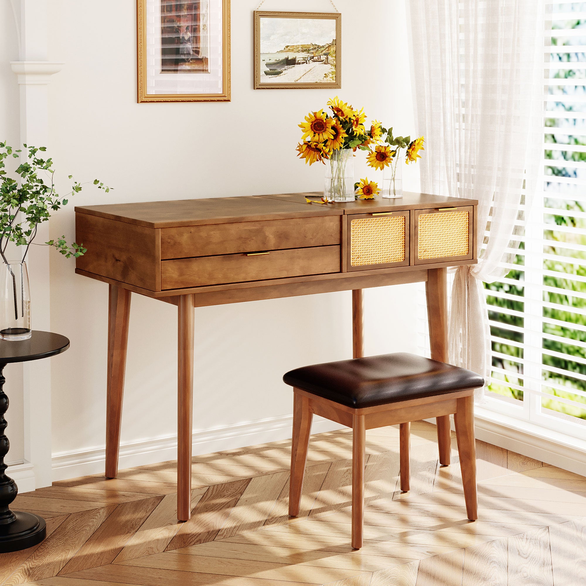 43.3" Classic Wood Makeup Vanity Set with Flip-top Mirror and Stool, Dressing Table with Three Drawers and storage space, Brown--1