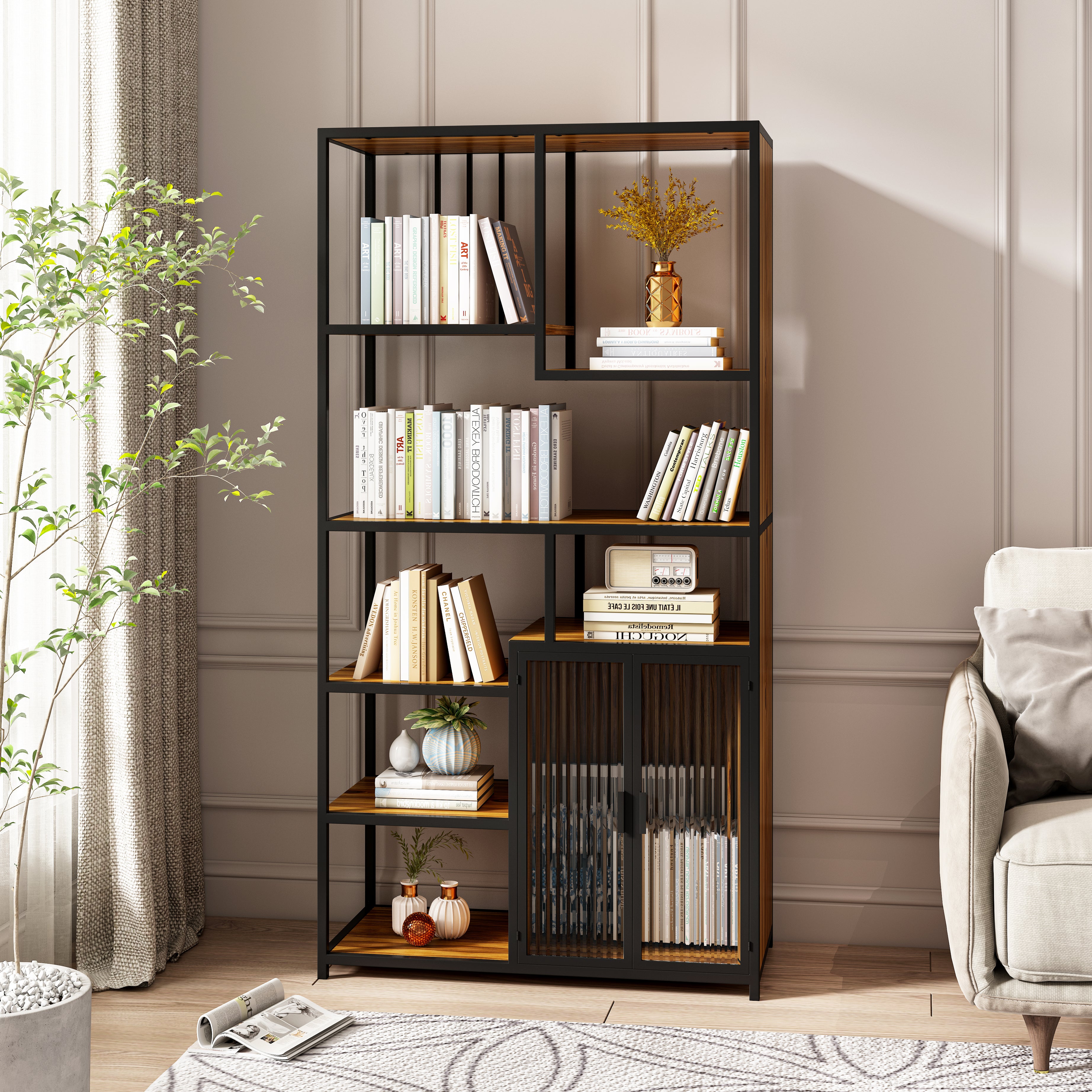 Multipurpose Bookshelf Storage Rack, Right Side with Enclosed Storage Cabinet,for Living Room,Home Office,Kitchen--1