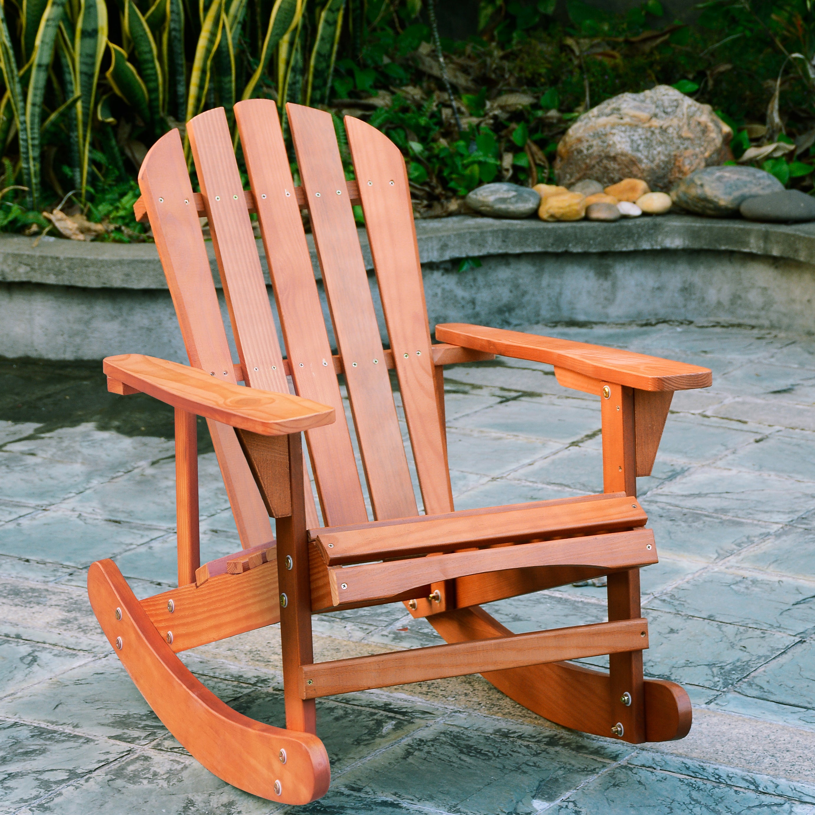 Adirondack Rocking Chair Solid Wood Chairs Finish Outdoor Furniture for Patio, Backyard, Garden - Walnut Brown--1