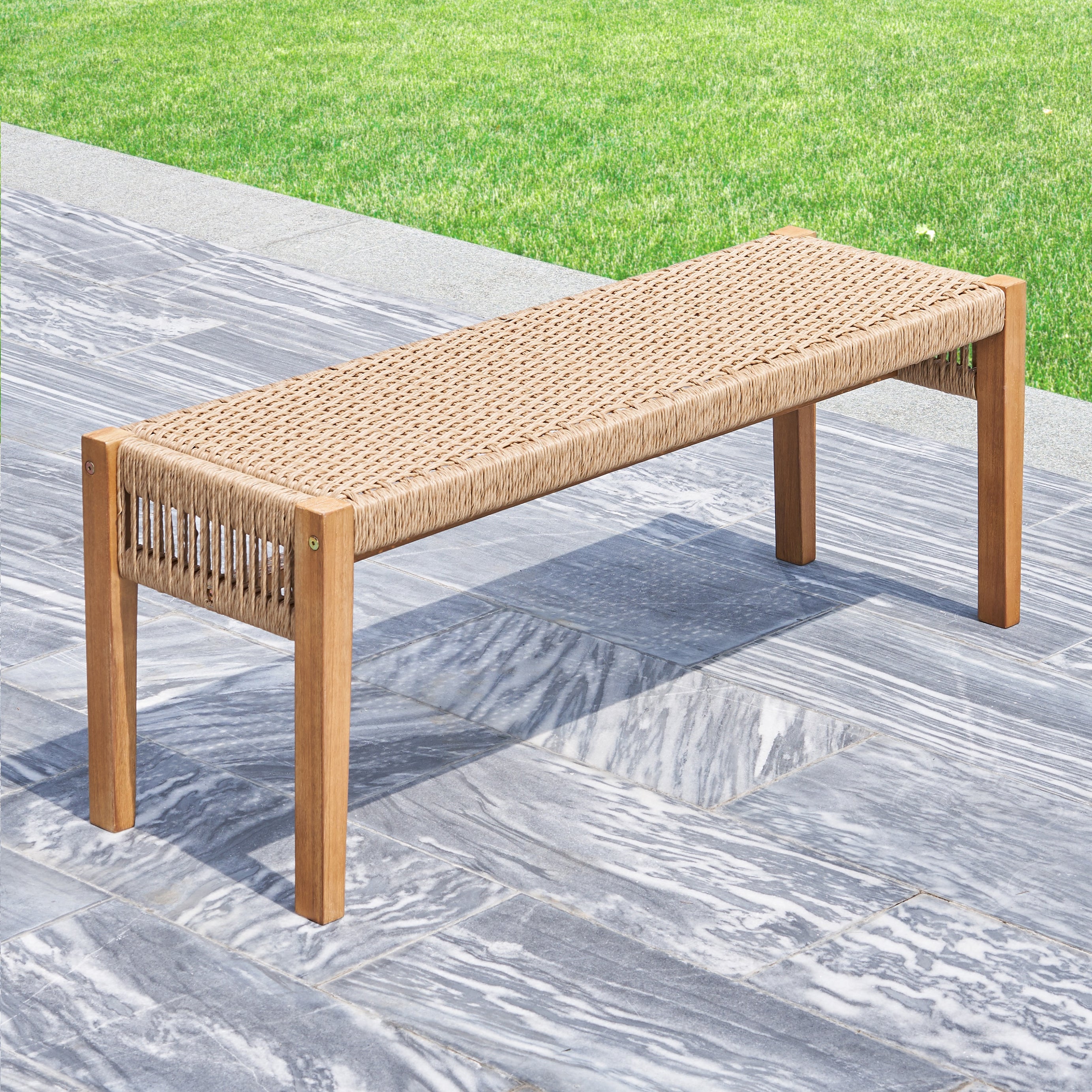 Mauricio Golden Oak Acacia Wood Mixed Strapped Rattan Garden Bench--1