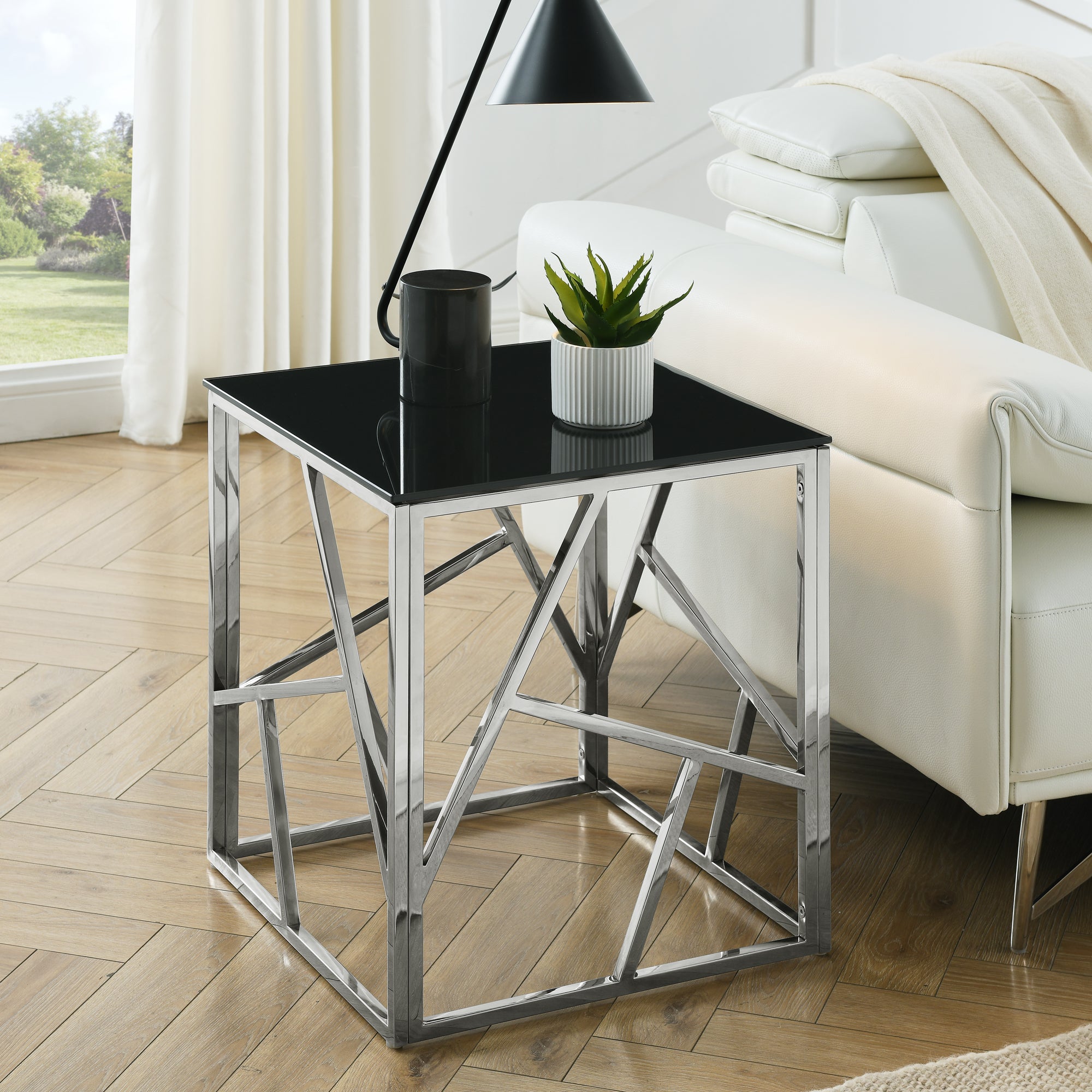 20 Inch Modern Glass End Table with Geometric Metal Frame, Accent Table Nightstand Furniture Corner Table for Living Room,Home Office,Bedroom - Chrome--1