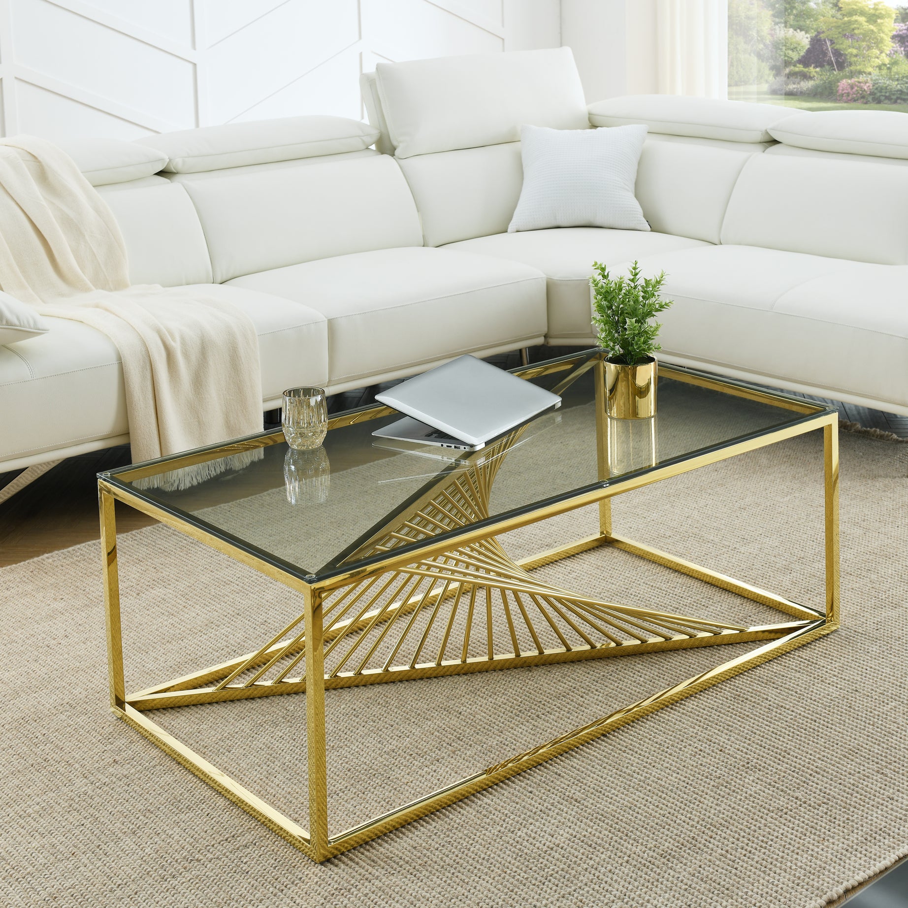 Modern Rectangular Coffee Accent Table with Clear Tempered Glass Top and Stainless Steel Frame for Living Room Bedroom - Gold--1