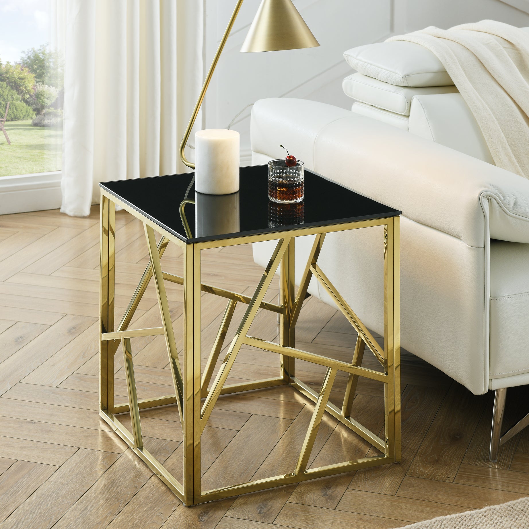 20 Inch Modern Glass End Table with Geometric Metal Frame, Accent Table Nightstand Furniture Corner Table for Living Room,Home Office,Bedroom - Gold--1