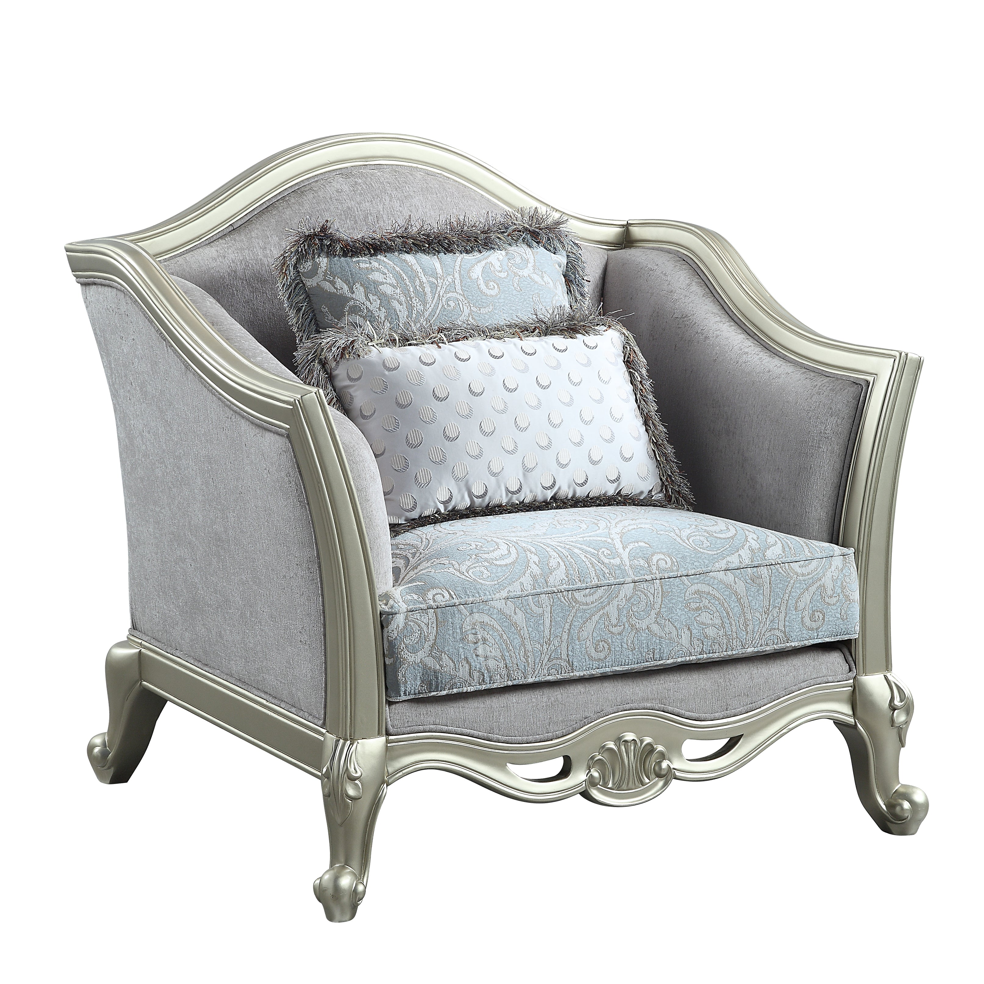 ACME Qunsia Chair w/2 Pillows, Light Gray Linen & Champagne Finish LV01119--1