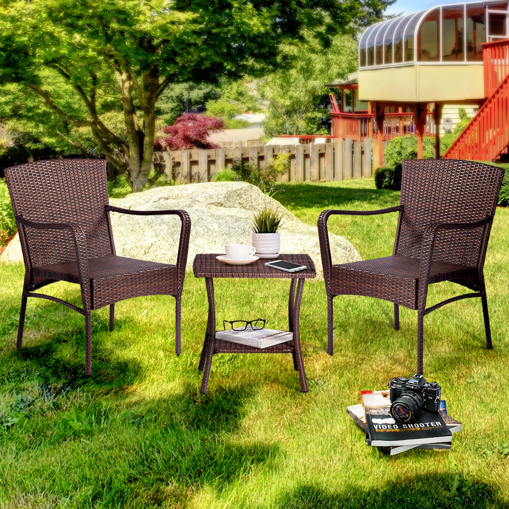 3 Pieces Outdoor Seating Group Furniture, PE Rattan Patio Furniture, Wicker Patio Chairs Set, Patio Bistro Sets, Outdoor Conversation Sets - Brown--1