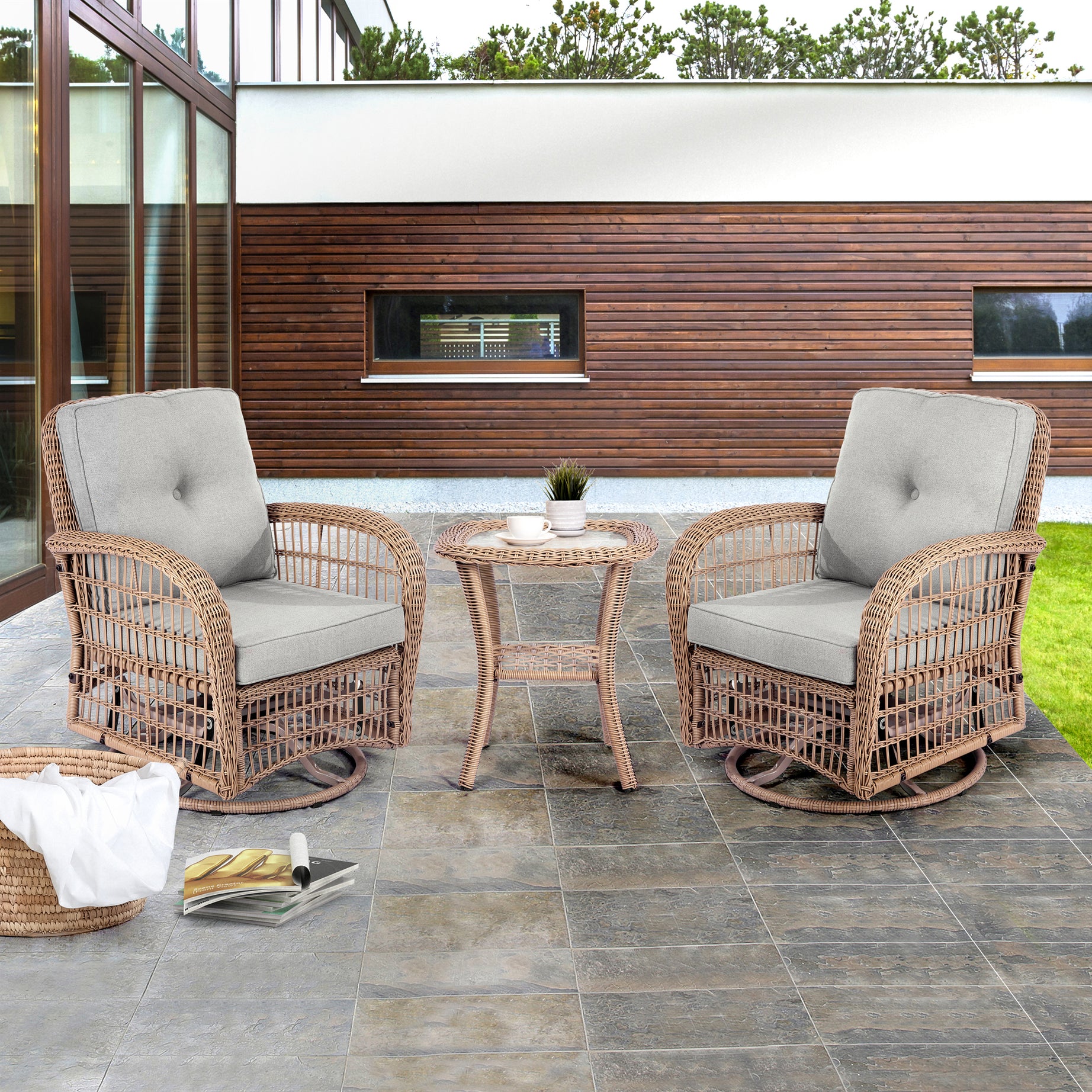 3 Pieces Outdoor Wicker Swive Rocking Chair Set, Patio Bistro Sets with 2 Rattan Rocker Chairs and Glass Coffee Table for Backyard--1