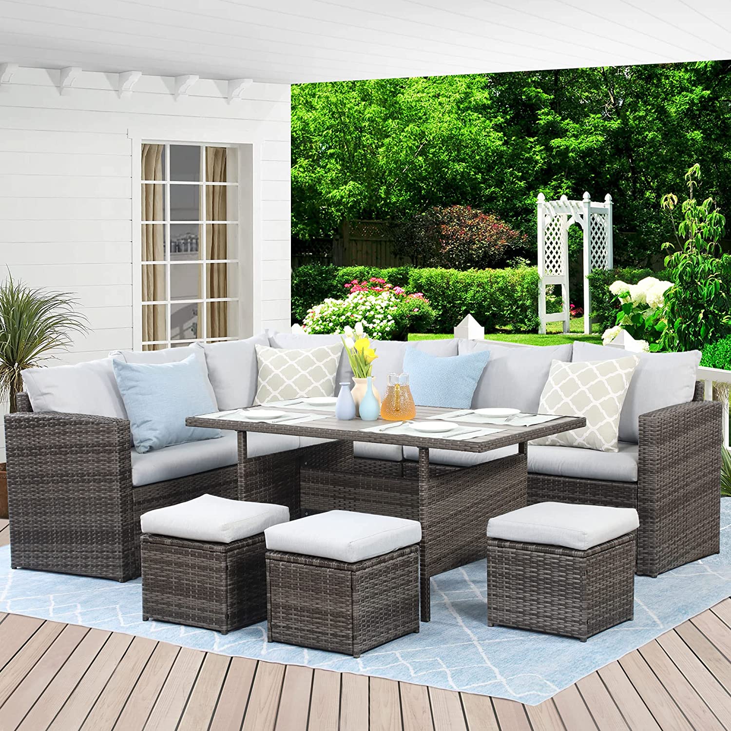 7-Pieces PE Rattan Wicker Patio Dining Sectional Cusions Sofa Set with Grey cushions--1