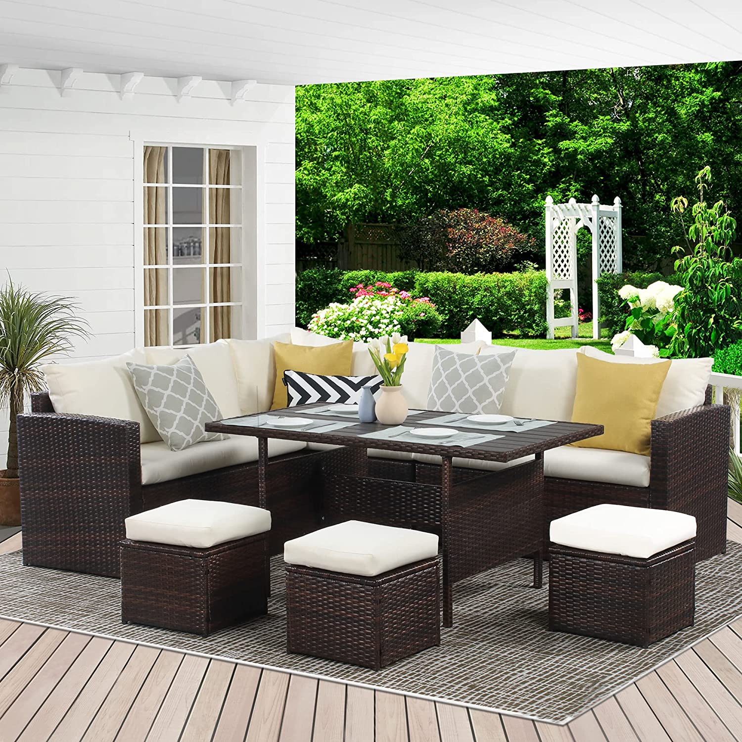 7-Pieces PE Rattan Wicker Patio Dining Sectional Cusions Sofa Set with Ivory cushions--1