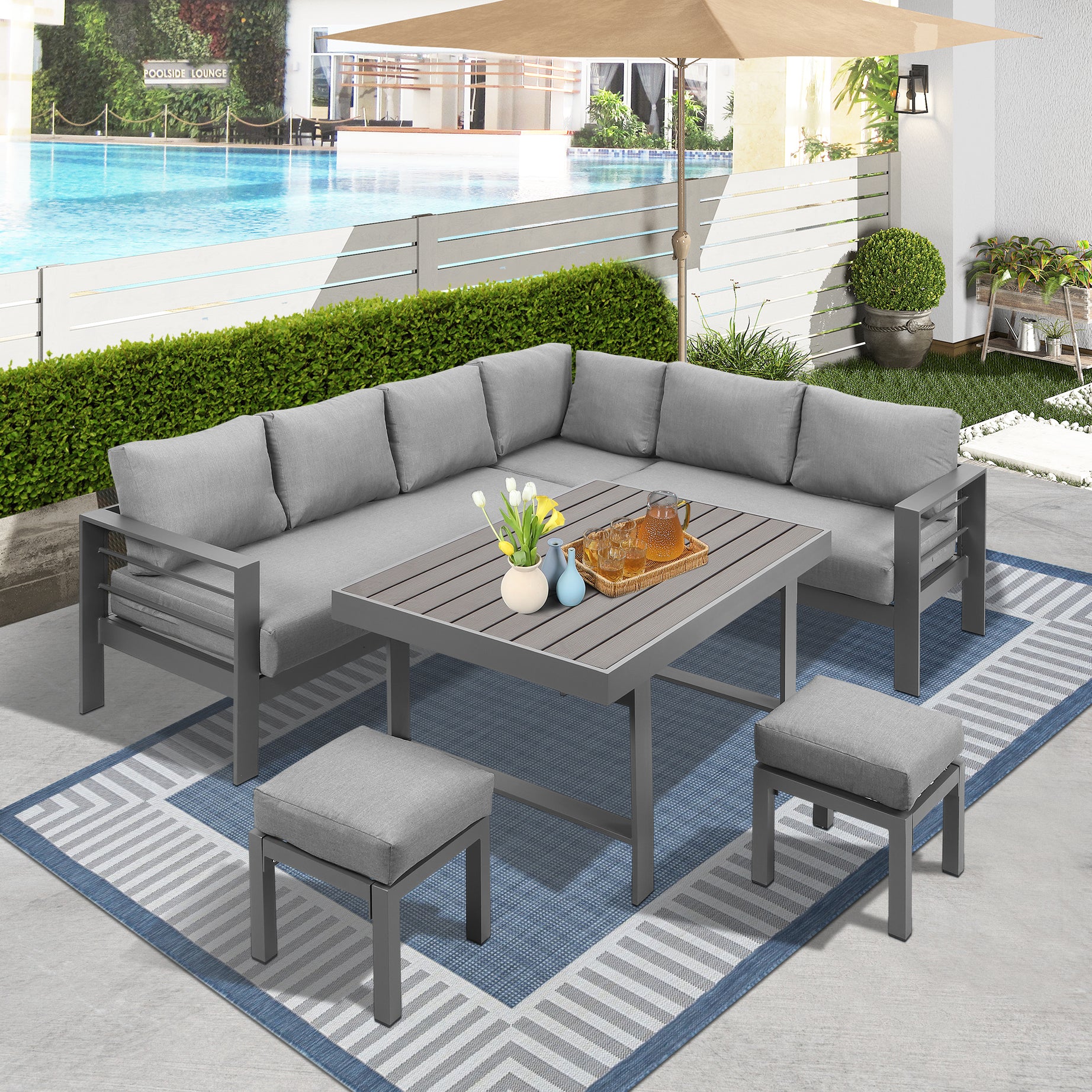 6-Pieces Outdoor Dining Set, Grey Aluminum Frame with Dark Grey Cushions--1