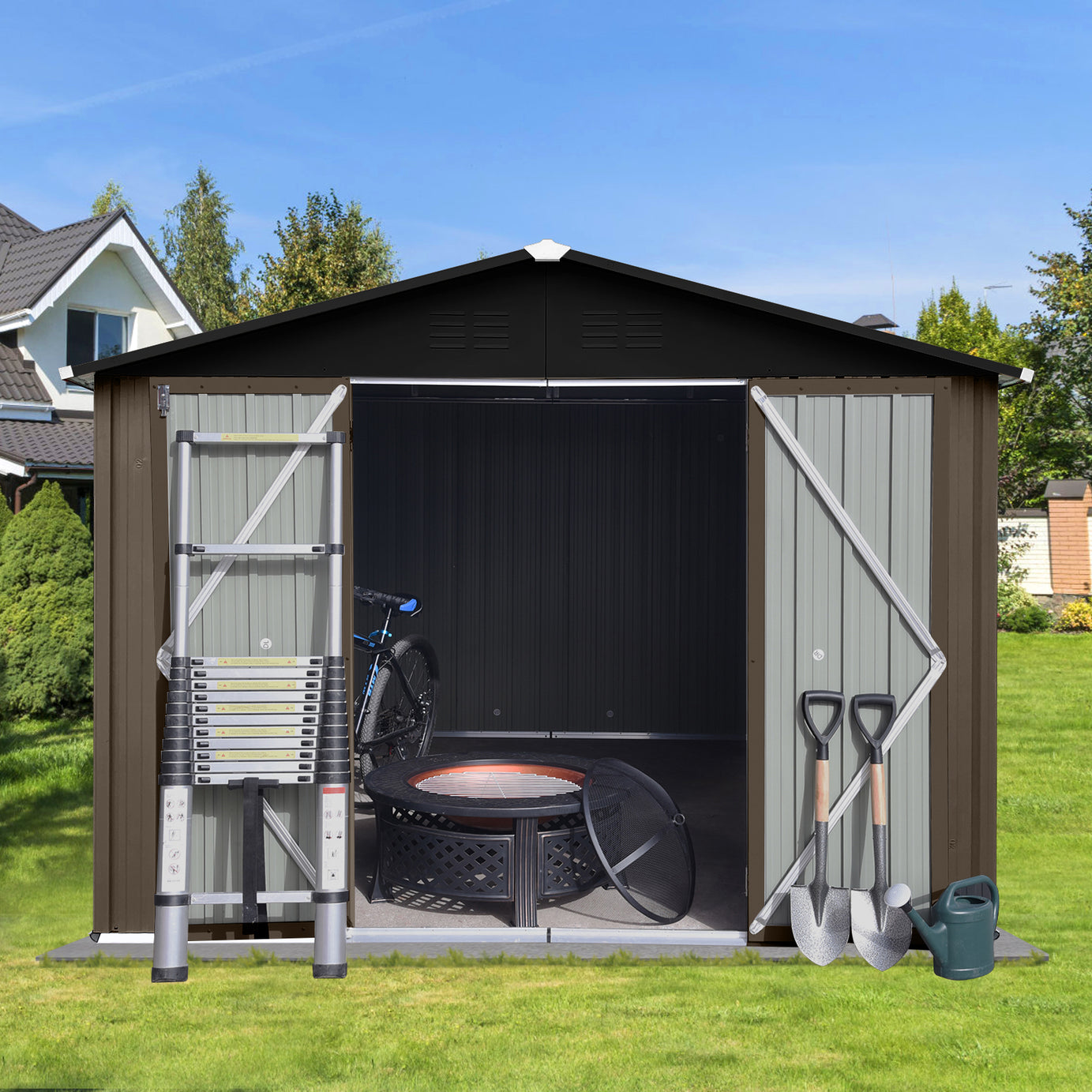 Metal garden sheds 10ft×8ft outdoor storage sheds Brown + Black--1