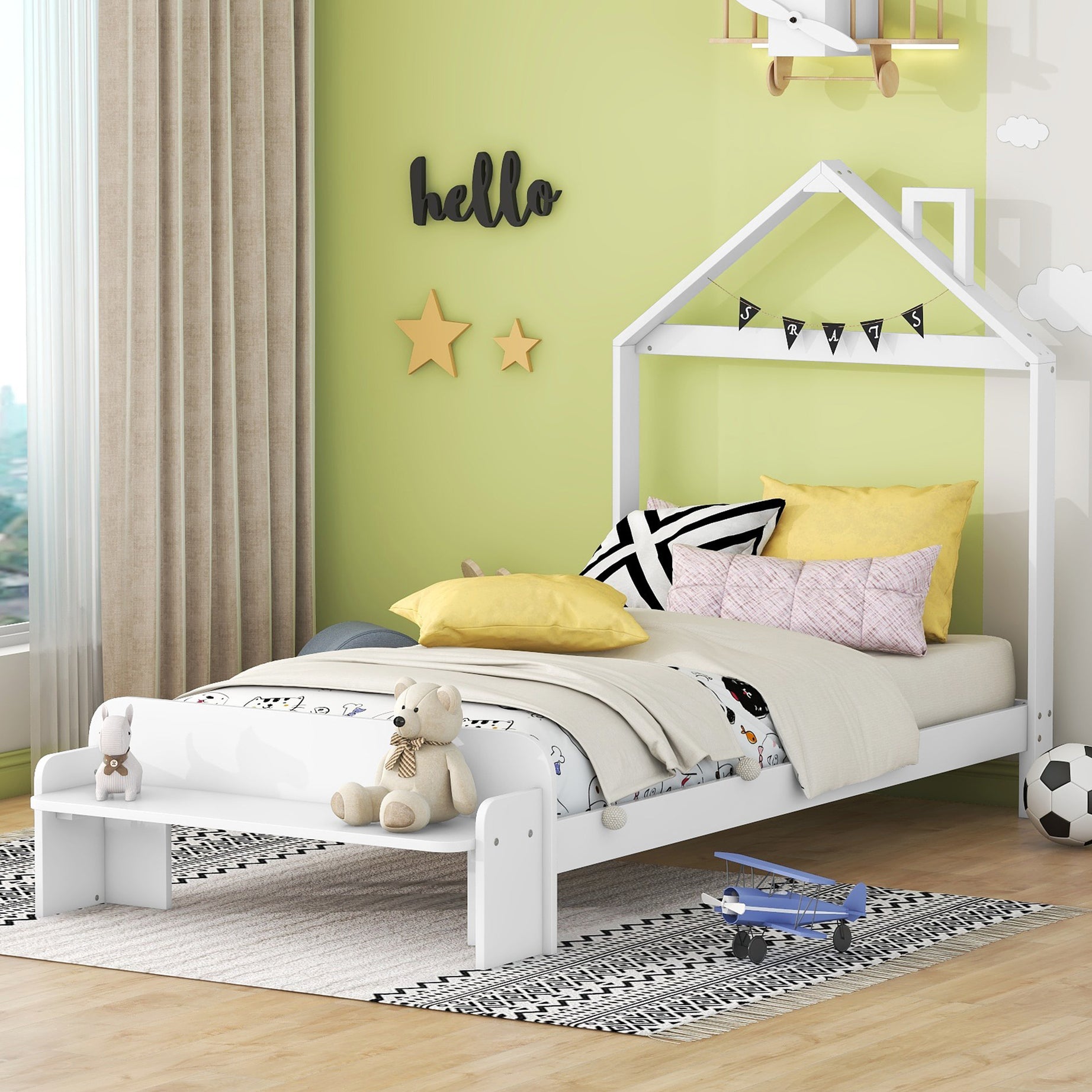 Twin Size Wood Platform Bed with House-shaped Headboard and Footboard Bench,White--1