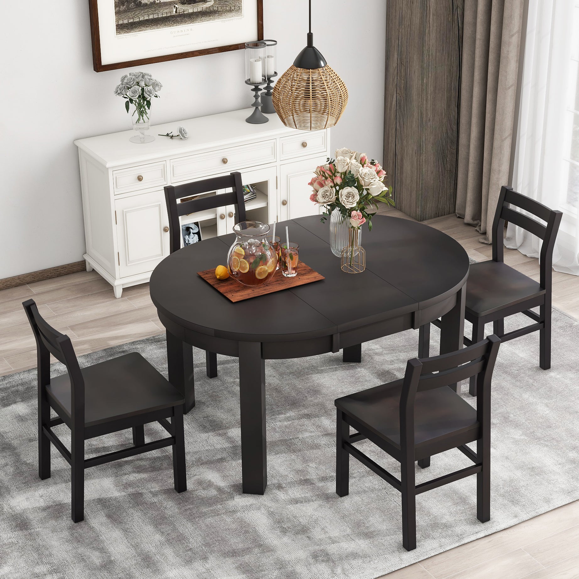 TOPMAX Farmhouse 5-Piece Extendable Round Dining Table Set with Storage Drawers and 4 Dining Chairs,16" Removable Leaf, Espresso--1