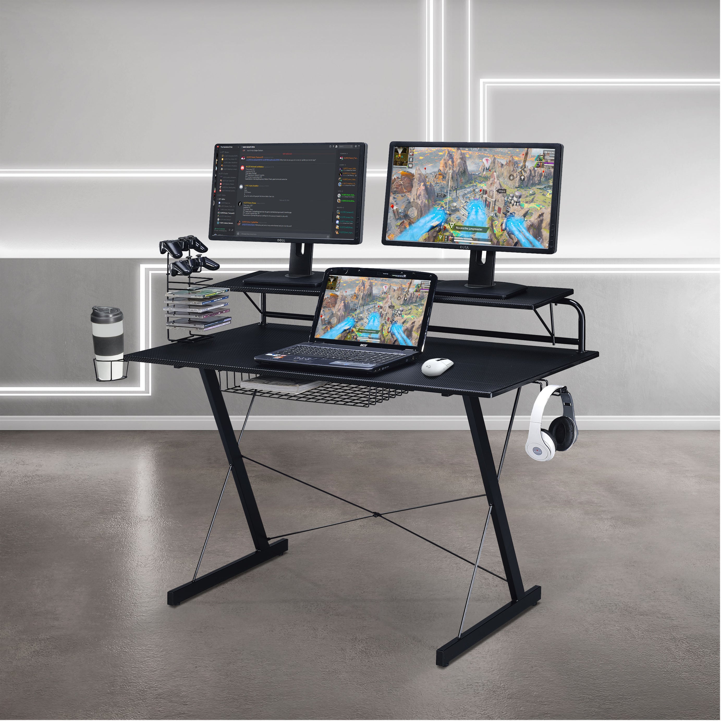 Techni Sport TS-200 Carbon Computer Gaming Desk with Shelving, Black--1