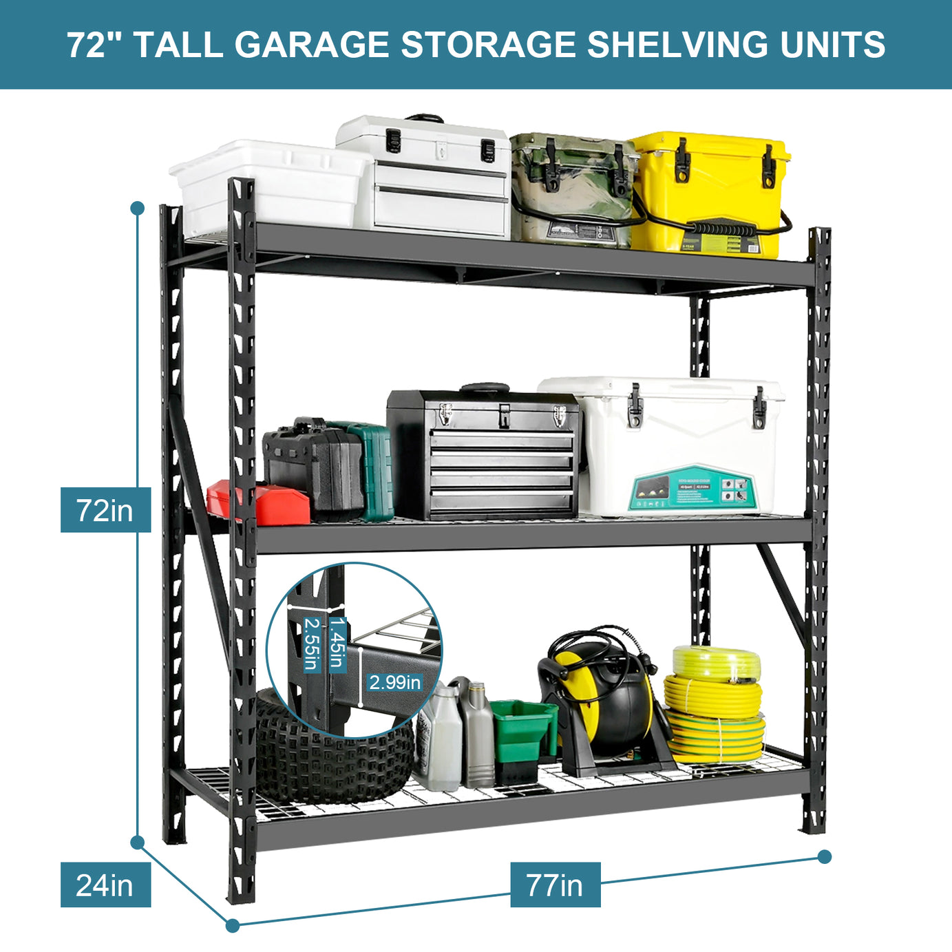 Garage Shelving Heavy Duty 72"H*77"W Garage Storage Shelves 6000LBS Heavy Duty Shelving Adjustable 3 Tier Metal Shelving for Garage Storage Shelving Industrial Shelving Storage Rack, Black--1