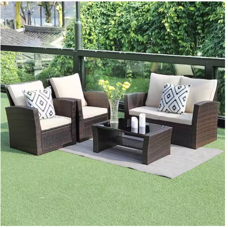 4-Pieces Outdoor Patio Furniture Set  PE Rattan Wicker with Brown--1