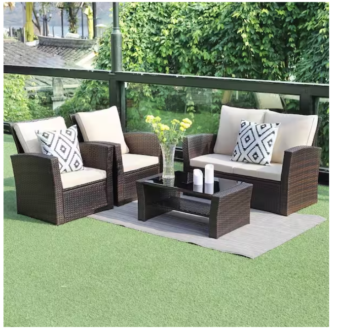 4-Pieces Outdoor Patio Furniture Set  PE Rattan Wicker with Brown--1