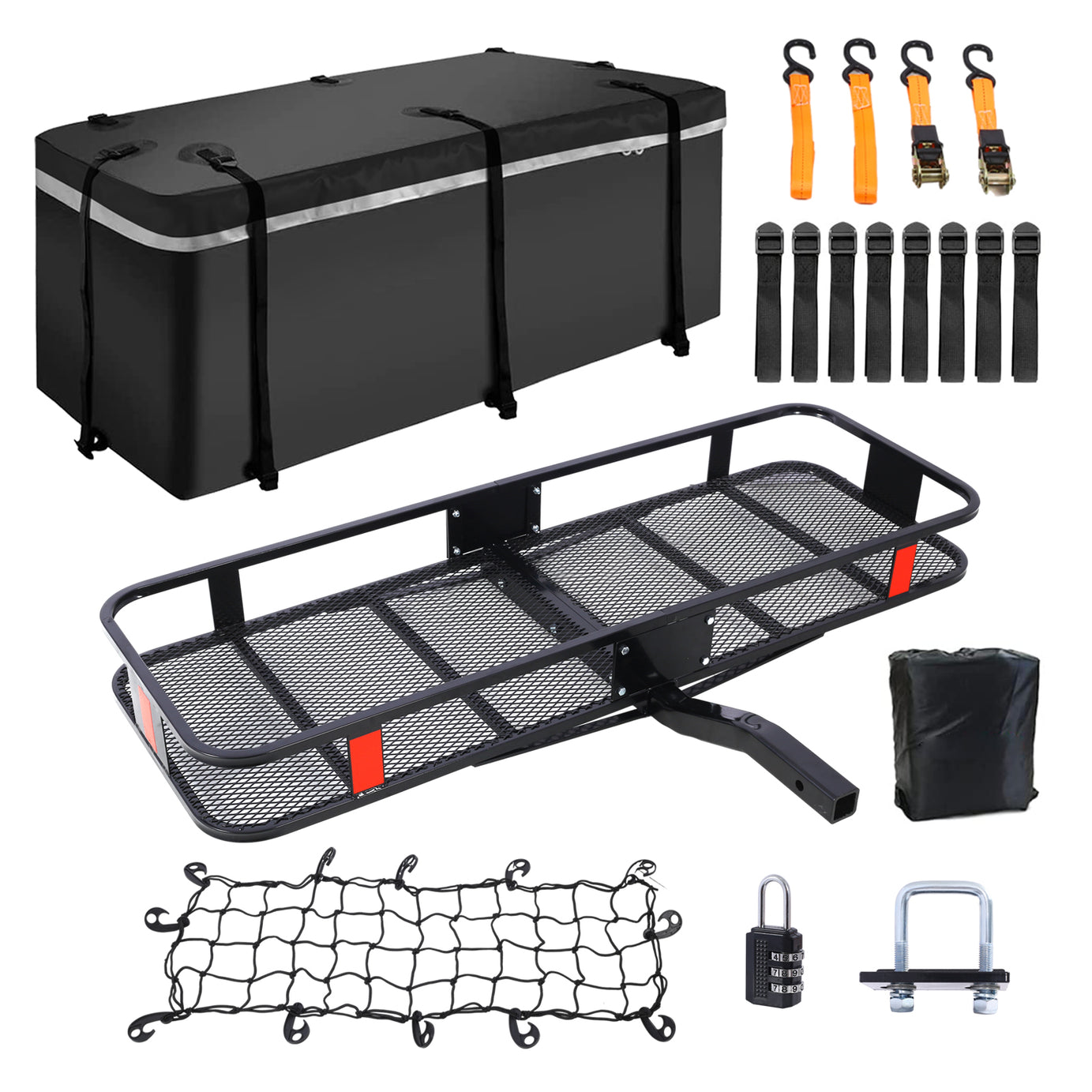 Hitch Mount Cargo Carrier Basket 60" X 21" X 6"+Waterproof Cargo Bag 16 Cubic Feet(56" 20" 20"),Hauling Weight Capacity of 500 Lbs and A Folding Arm.with Hitch Stabilizer,Net and Straps--1