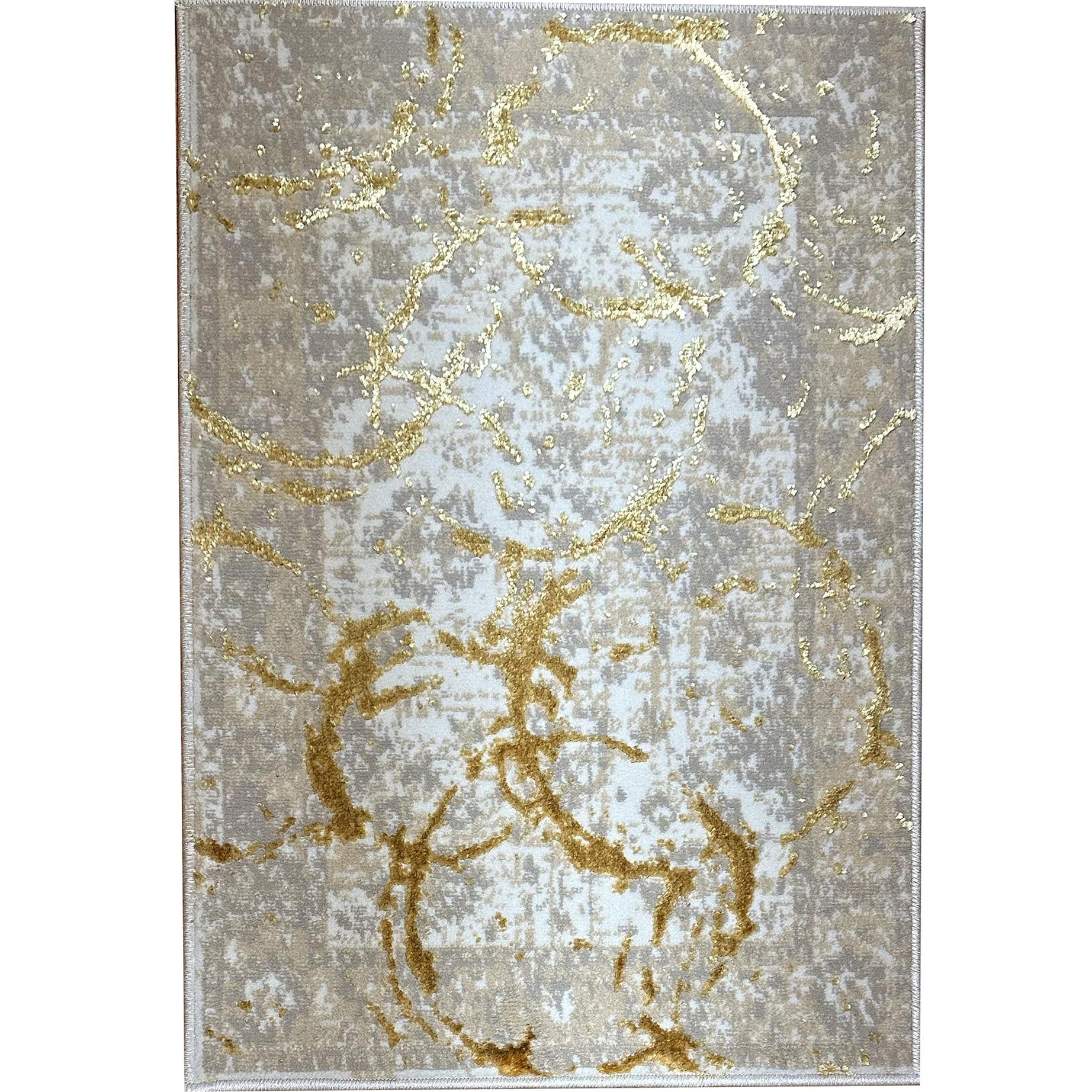 Penina Luxury Area Rug in Beige and Gray with Gold Circles Abstract Design--1