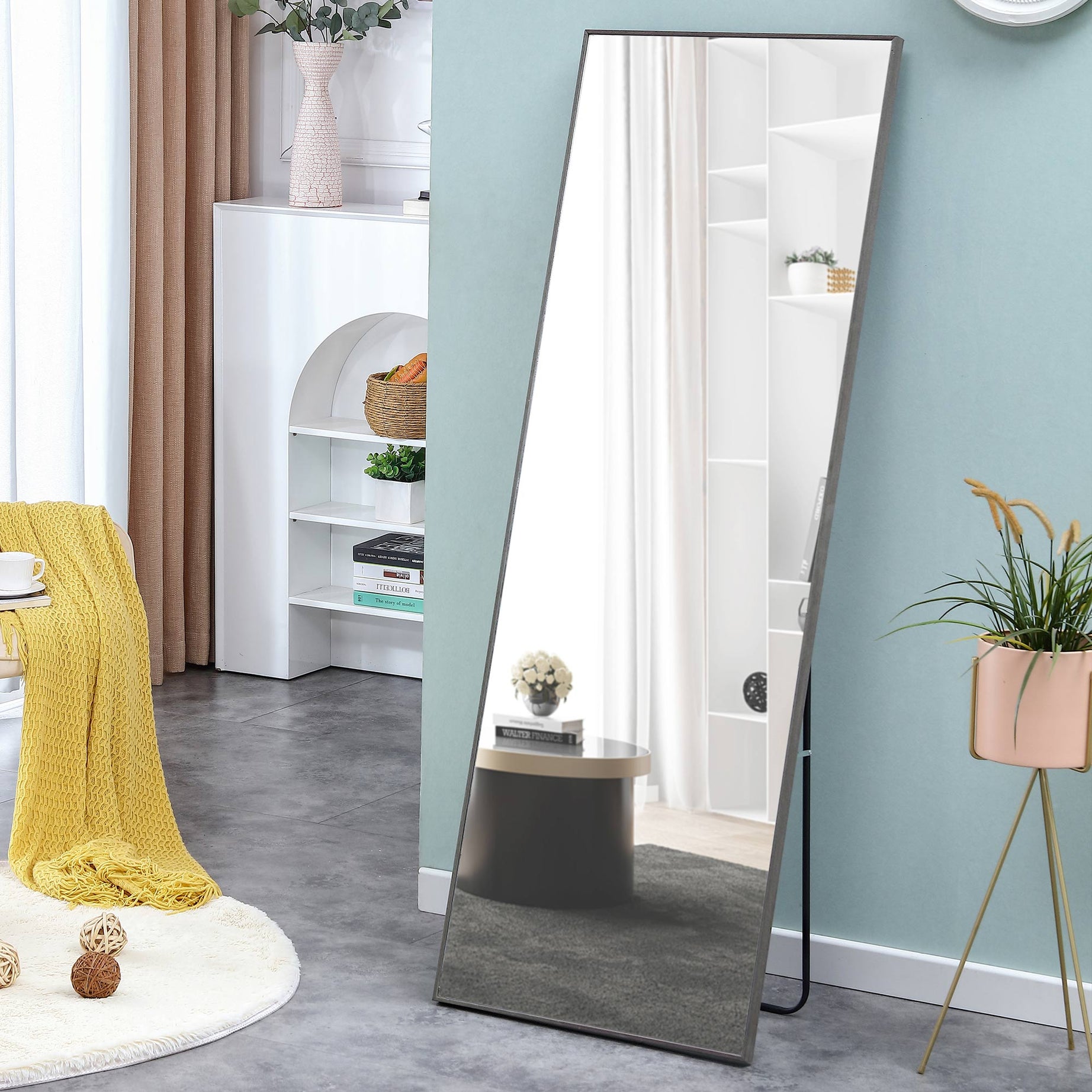 The 4th generation gray solid wood frame full body mirror, dressing mirror, bedroom porch, decorative mirror, clothing mirror, floor mirror, wall mirror.--1