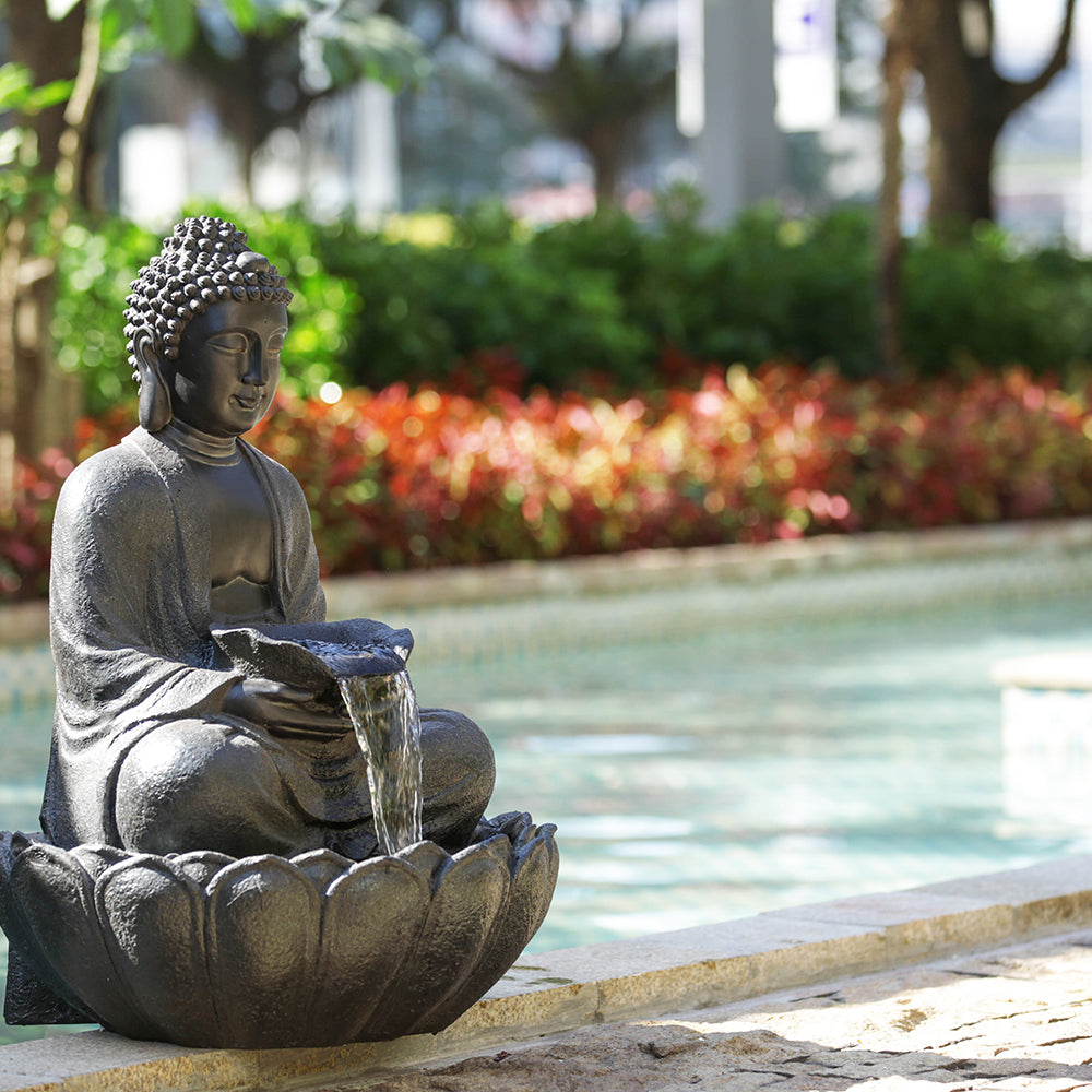 24x20.5x34" Dark Gray Buddha Statue Water Fountain, Indoor Outdoor Polyresin Fountain with Light--1