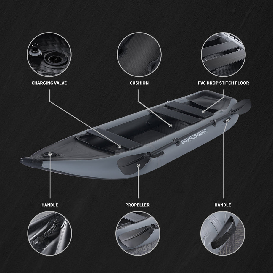 2 Person Inflatable Kayak Fishing PVC Kayak Boat the Dimension is 130'' *43'' *11.8'' Inflatable Boat Rescue Rubber Rowing Boat with  Pump, Aluminum Alloy Seat, Paddle, Inflatable Mat, Repair Kit, Fin--1