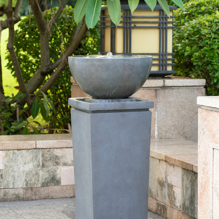 44.5" Polyresin Gray Zen Bowl Water Fountain, Outdoor Bird Feeder /Bath Fountains, Relaxing Water Feature for Garden Lawn Backyard Porch--1