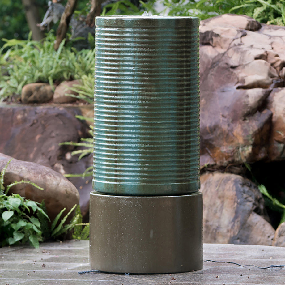 19.5x19.5x43.5" Large Concrete Cylinder Green & Brown Ribbed Water Fountain, Outdoor Bird Feeder / Bath Fountain, Modern Industrial Style--1