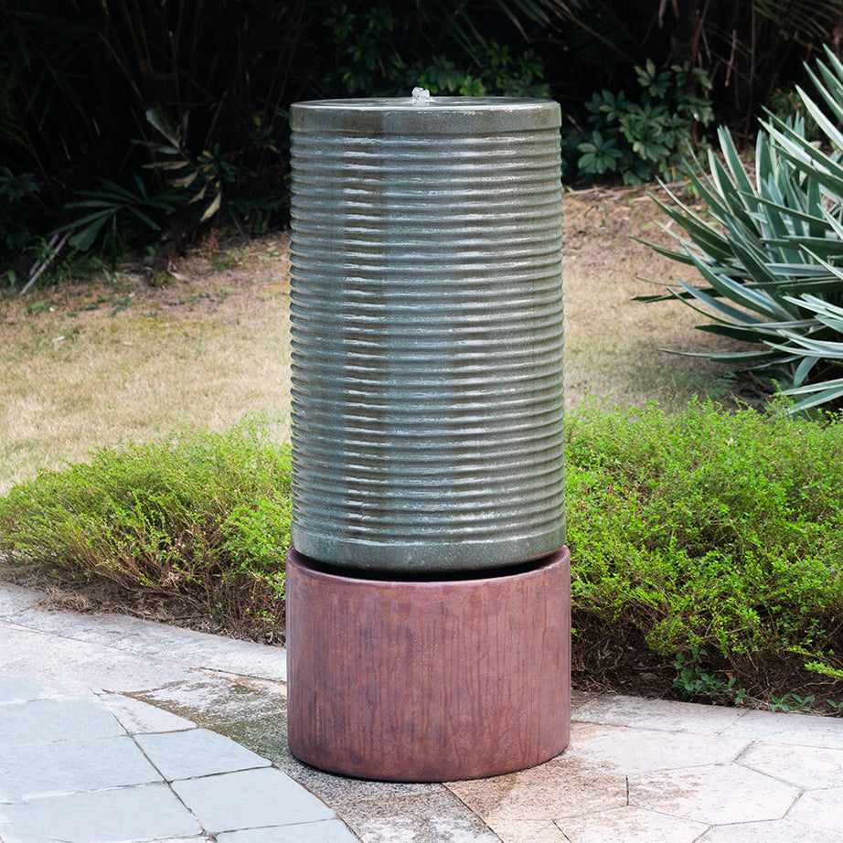 44" Tall Large Modern Cylinder Ribbed Tower Water Fountain With Rustic Base, Contemporary Antique Green Copper Finish Outdoor Bird Feeder / Bath Cement Fountain--1