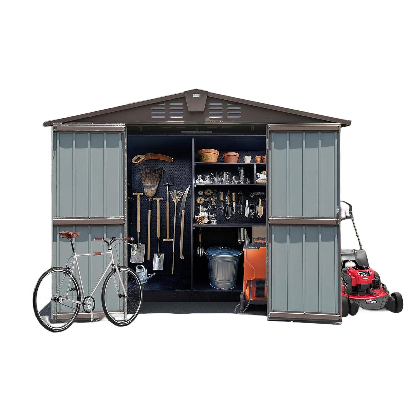 Outdoor Storage Shed 8.2' x 6.2', Metal Steel Utility Tool Shed Storage House with Double Lockable Doors & Air Vents for Backyard Patio Garden Lawn Brown--1