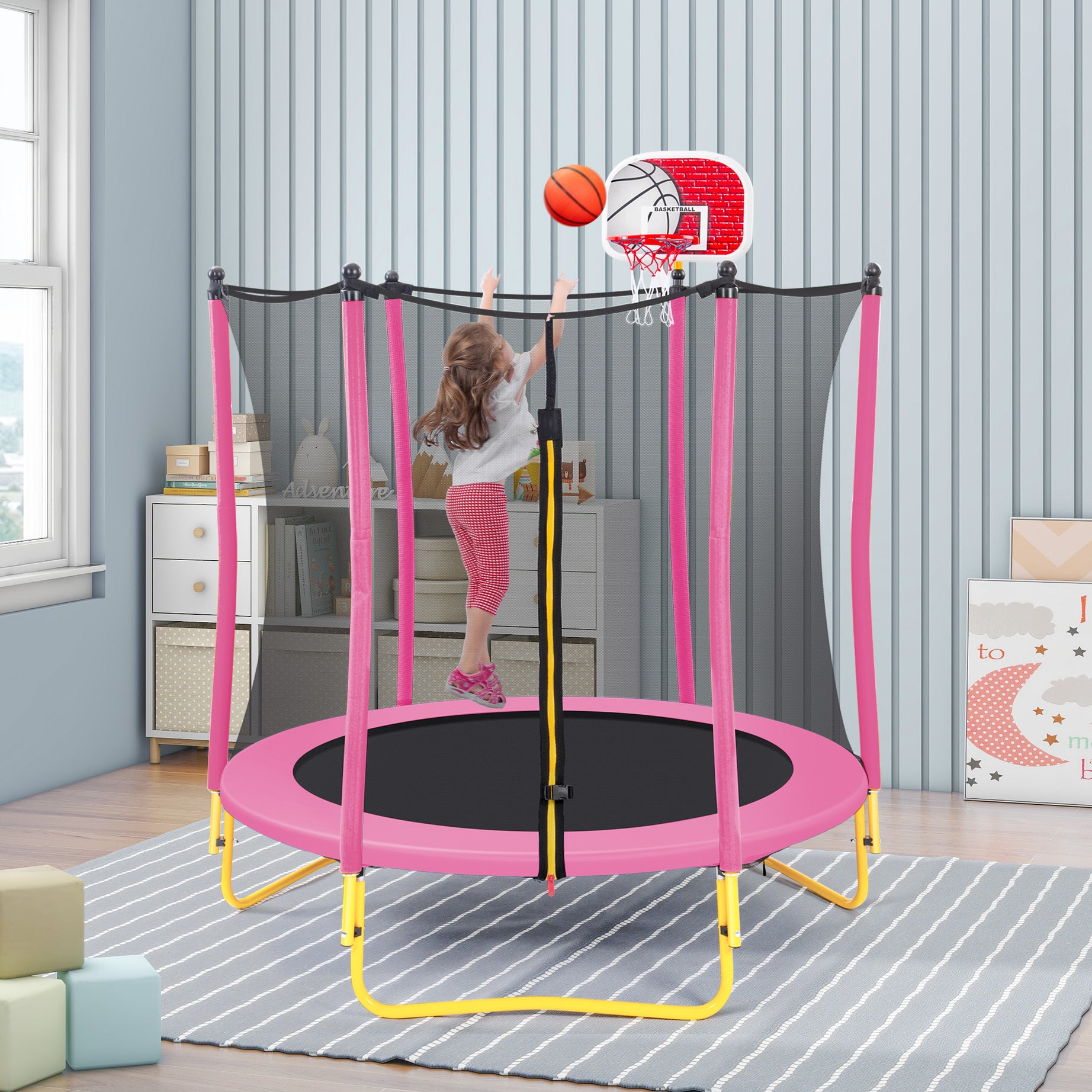 5.5FT Trampoline for Kids - 65" Outdoor & Indoor Mini Toddler Trampoline with Enclosure, Basketball Hoop and Ball Included--1