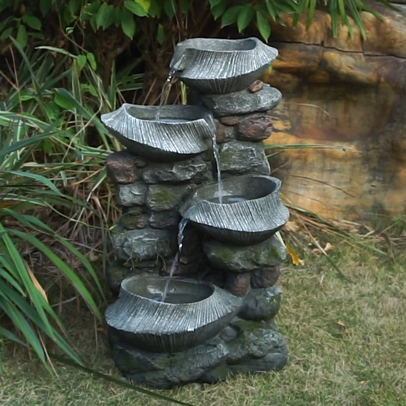 19x15x31.5" Indoor Outdoor Stone Water Fountain,  4-Tier Polyresin Cascading Rock Bowl Freestanding Fountain with LED Ligh--1