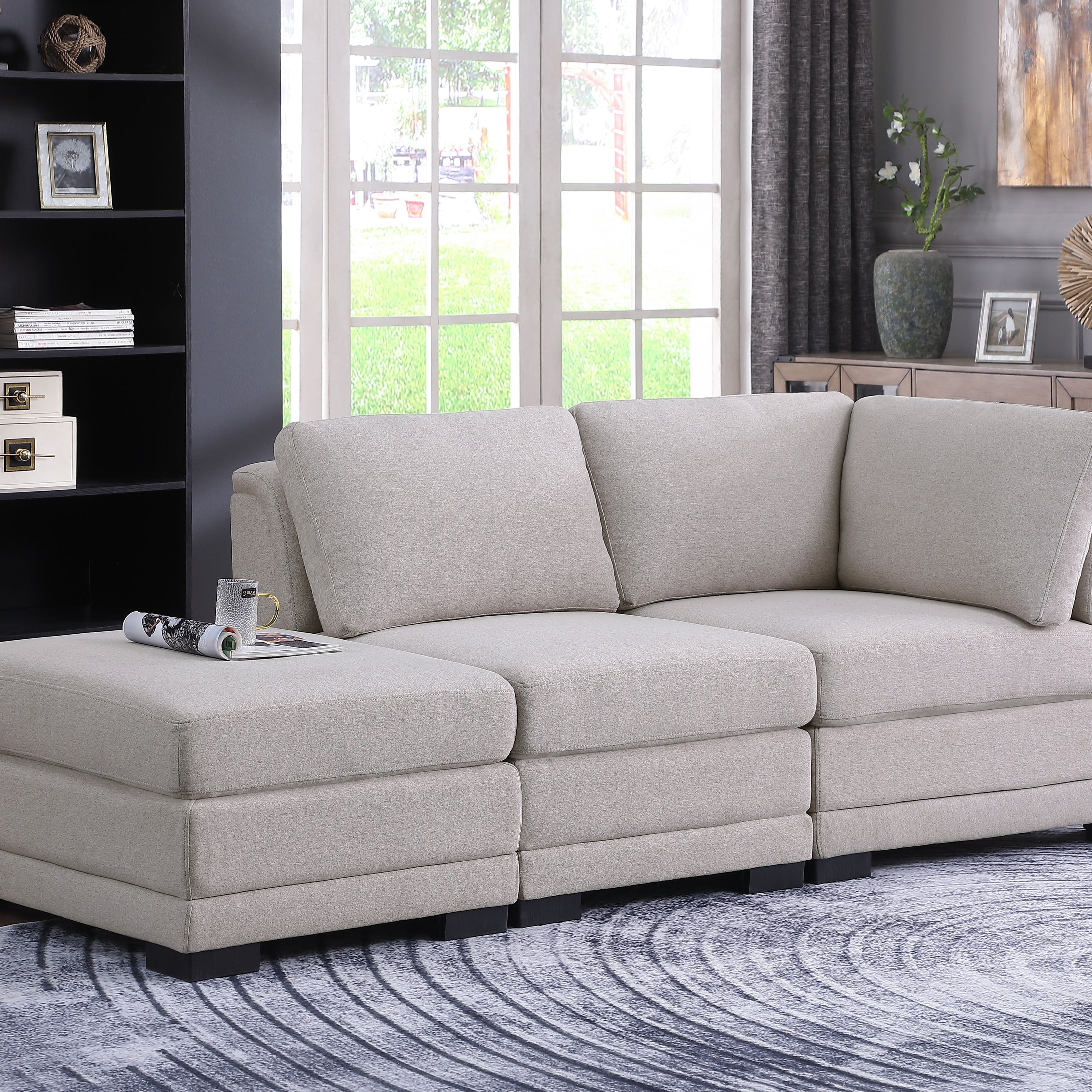 Kristin 86.5" Light Gray Linen Fabric Reversible Sofa with Ottoman--1