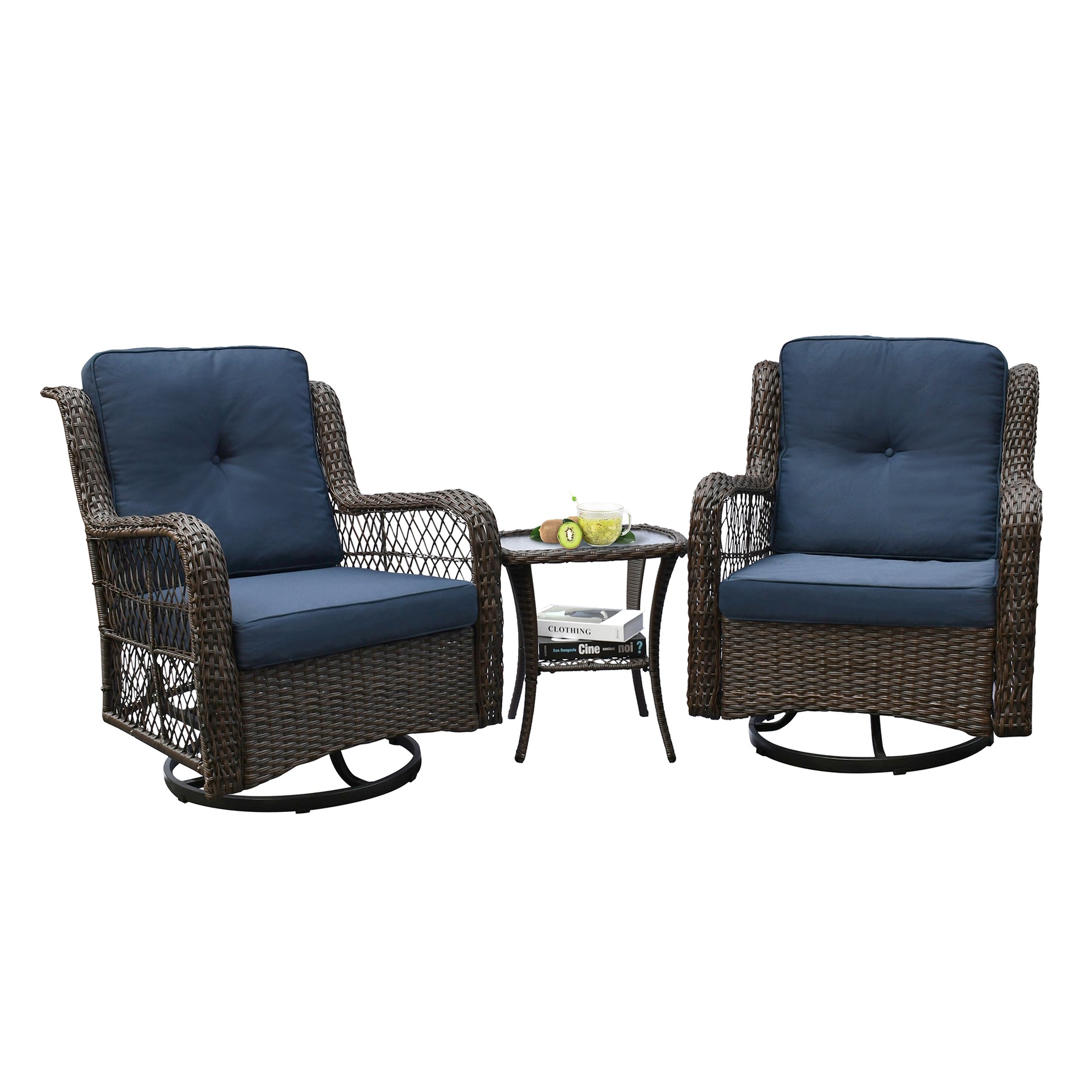 Outdoor Bistro Set 3 Pieces, Outdoor Resin Wicker Swivel Rocker Patio Chair, 360-Degree Swivel Rocking Chairs and Tempered Glass Top Side Coffee Table, Outdoor Rattan Conversation Sets (Navy Blue)--1