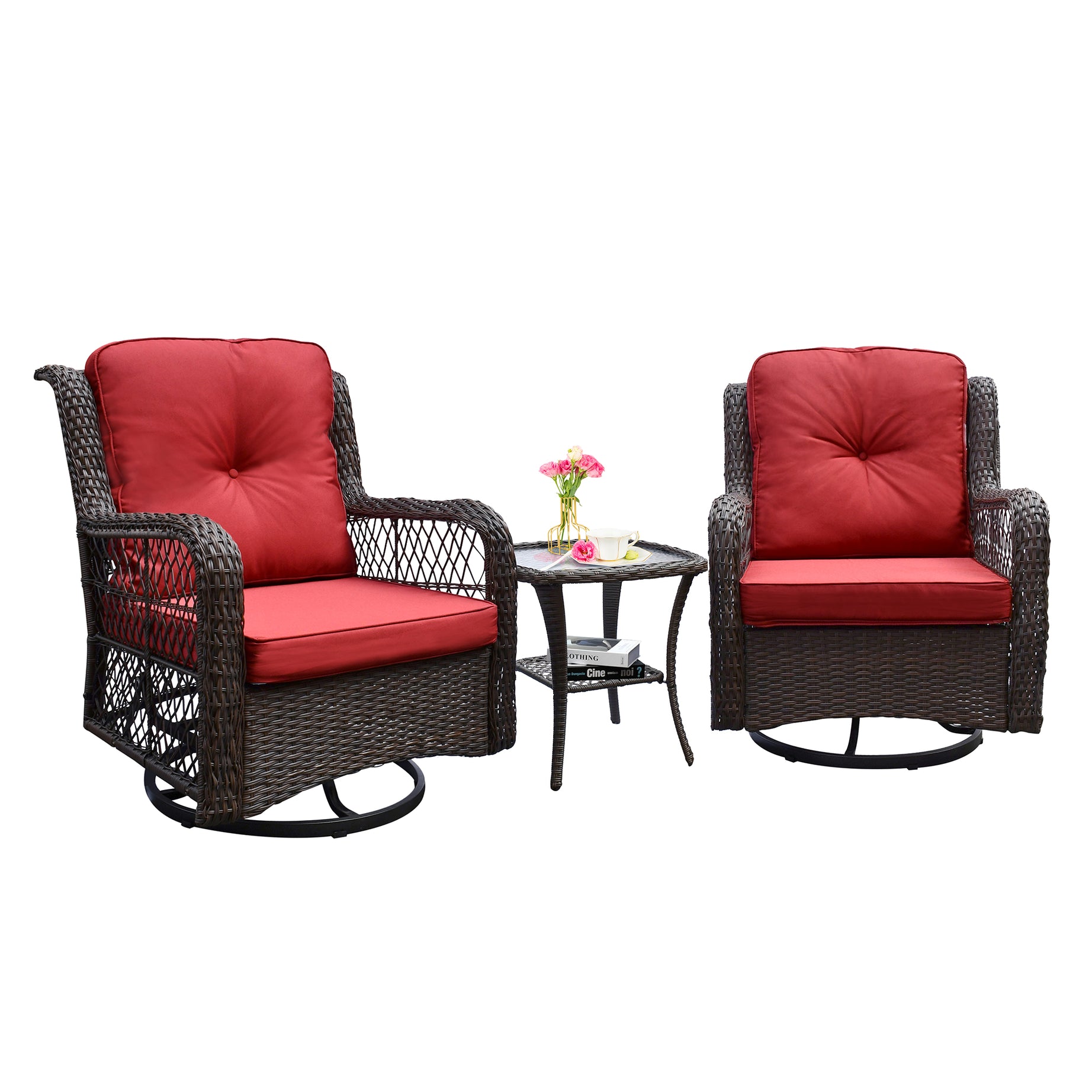 Outdoor Bistro Set 3 Pieces, Outdoor Resin Wicker Swivel Rocker Patio Chair, 360-Degree Swivel Rocking Chairs and Tempered Glass Top Side Coffee Table, Outdoor Rattan Conversation Sets (Red)--1