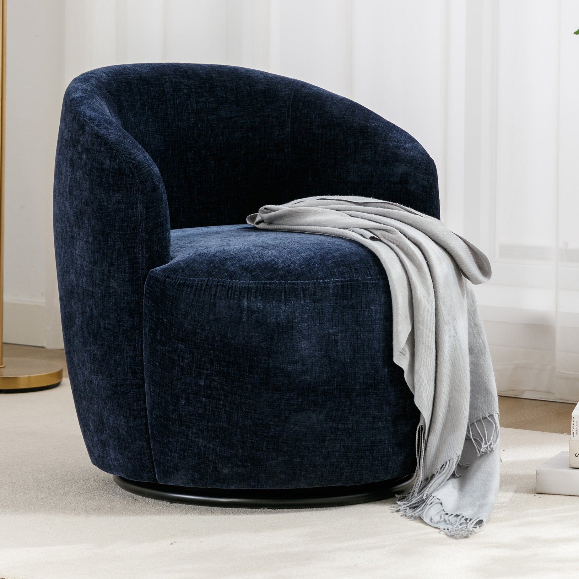 Chenille Fabric Swivel Accent Armchair Barrel Chair With Black Powder Coating Metal Ring,Blue--1