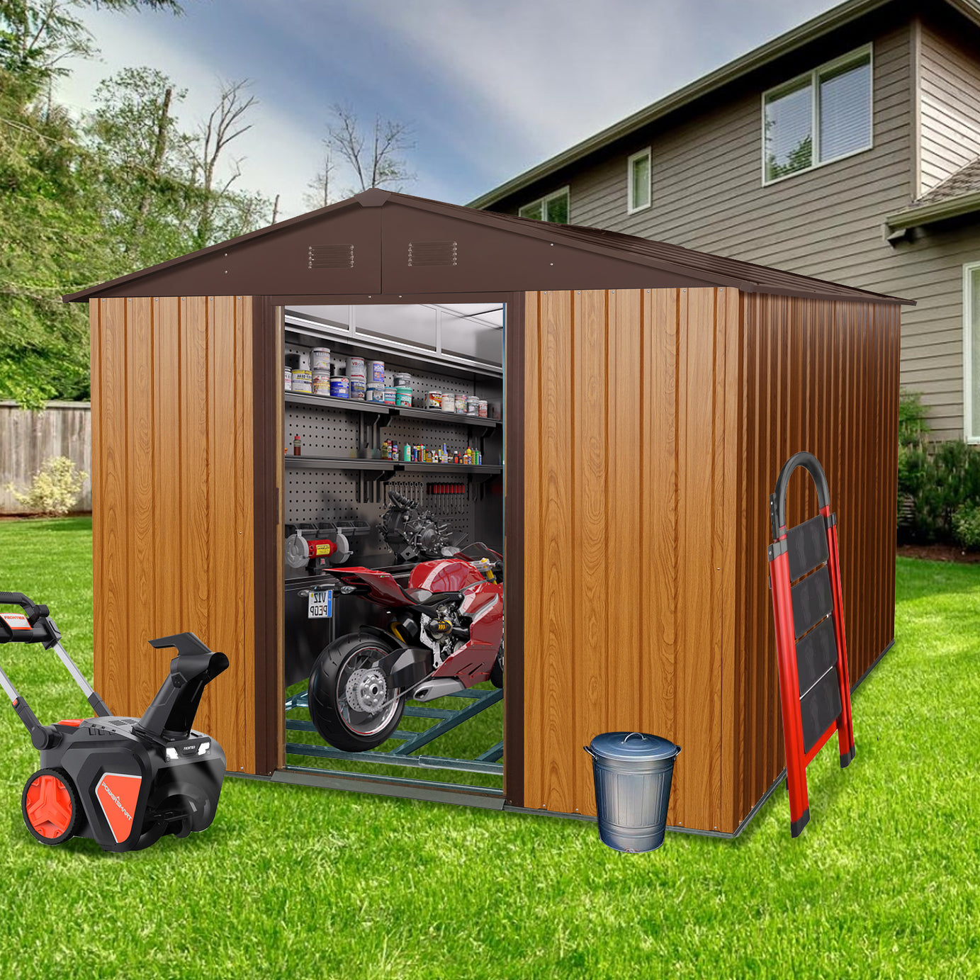 8ft x 10ft Outdoor Metal Storage Shed with Metal Floor Base,Coffee--1