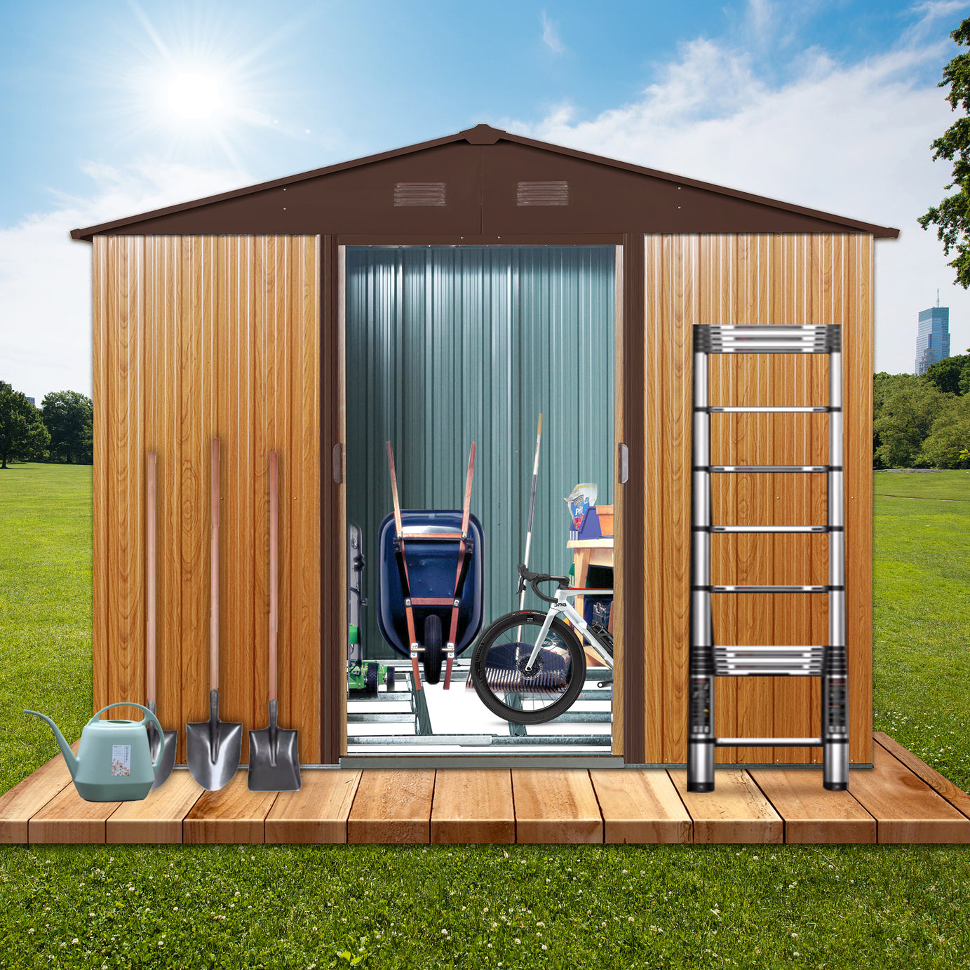 8ft x 6ft Outdoor Metal Storage Shed with Floor Base,Coffee(W540S00014)--1