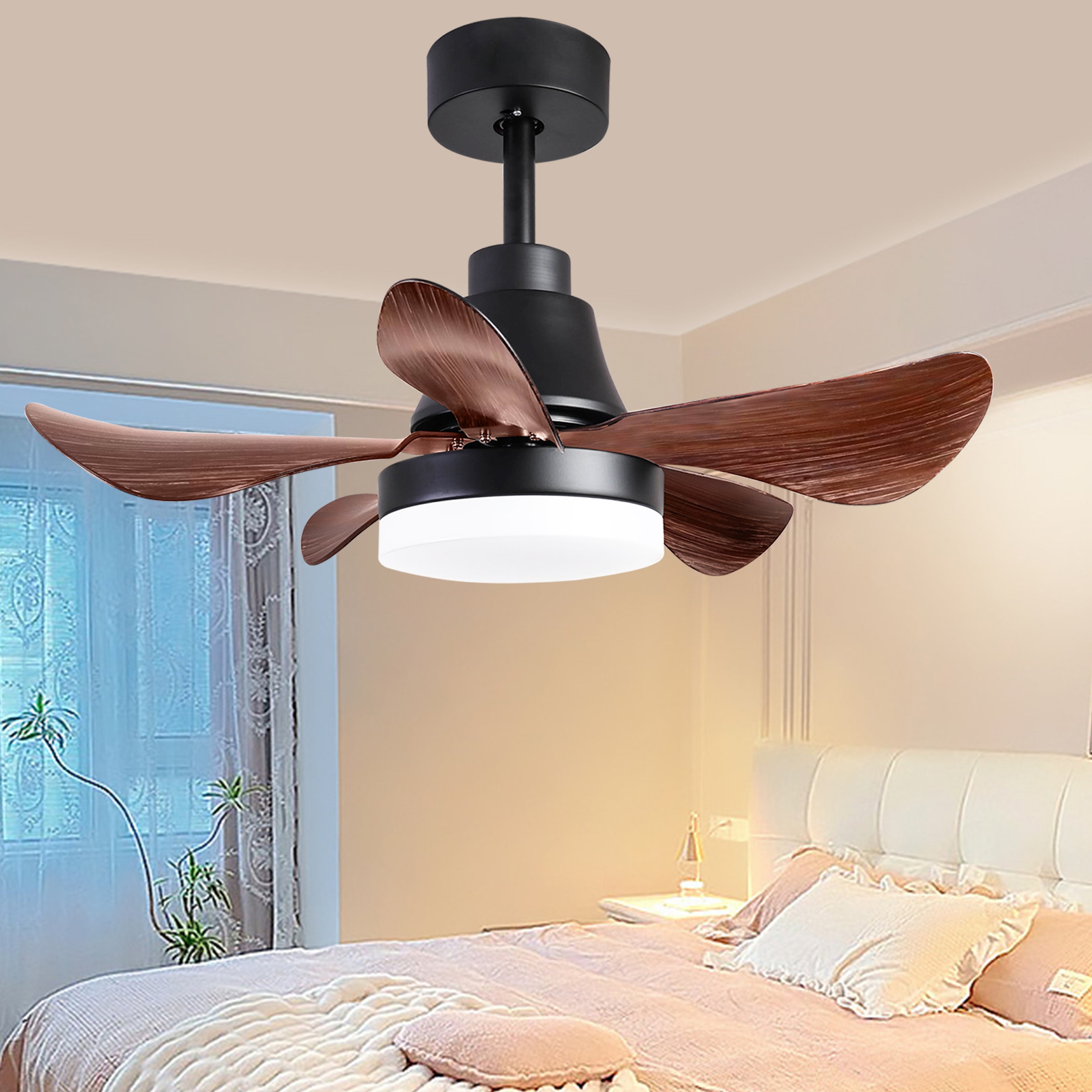 28 lnch Ceiling Fan with Lights Remote Control, Small Ceiling Fan Flush Mount, 5 Reversible Blades, Low Profile Ceiling Fan Light with 6 Speeds 3 Colors for Bedroom Kitchen--1