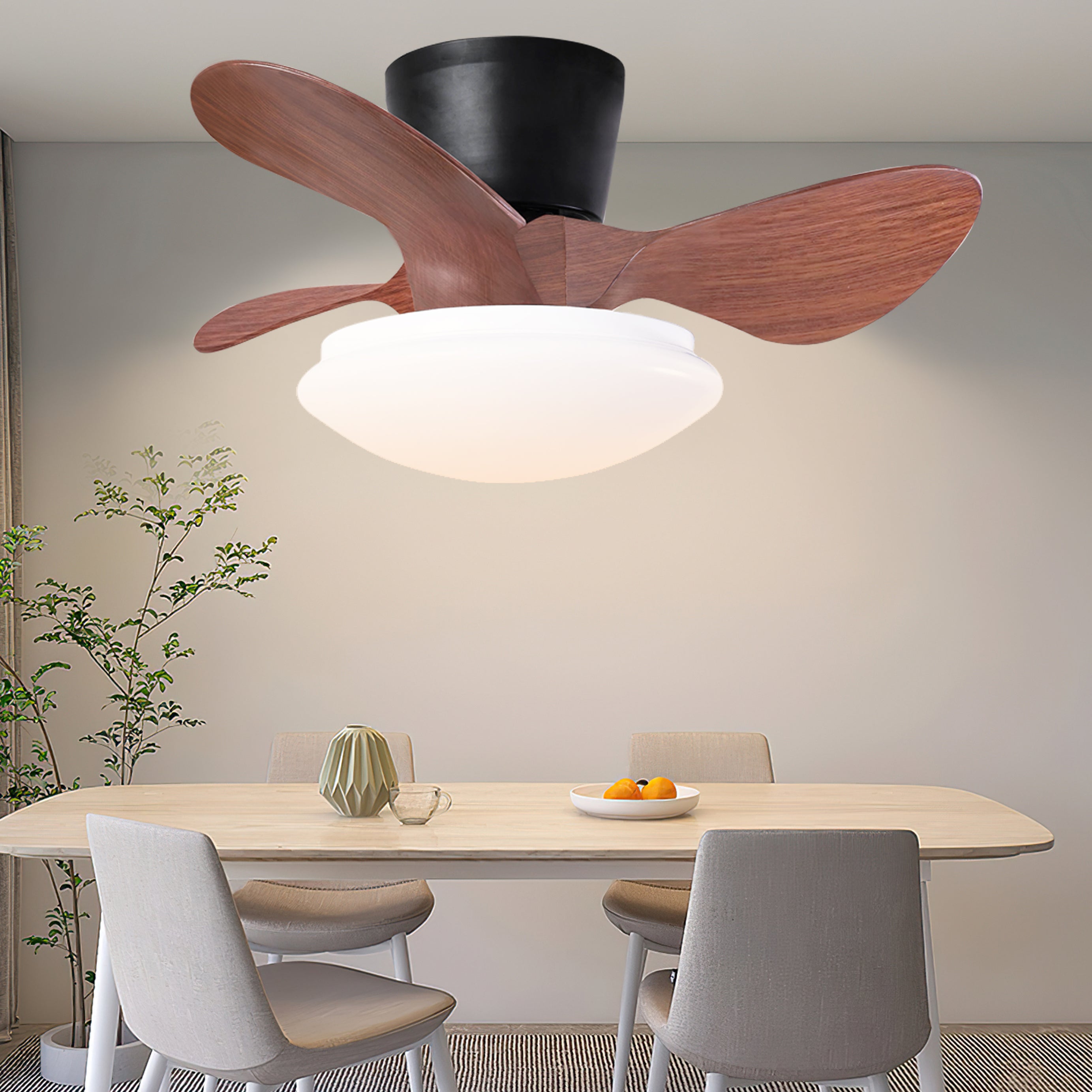 24'' walnut Small Ceiling Fan with Lights and Remote  LED 18W Modern  Flush Mount Ceiling Fan Adjustable Color,DC Quiet Motor Low Profile Ceiling Fan for Bedroom Kitchen Dining Patio,FCC--1