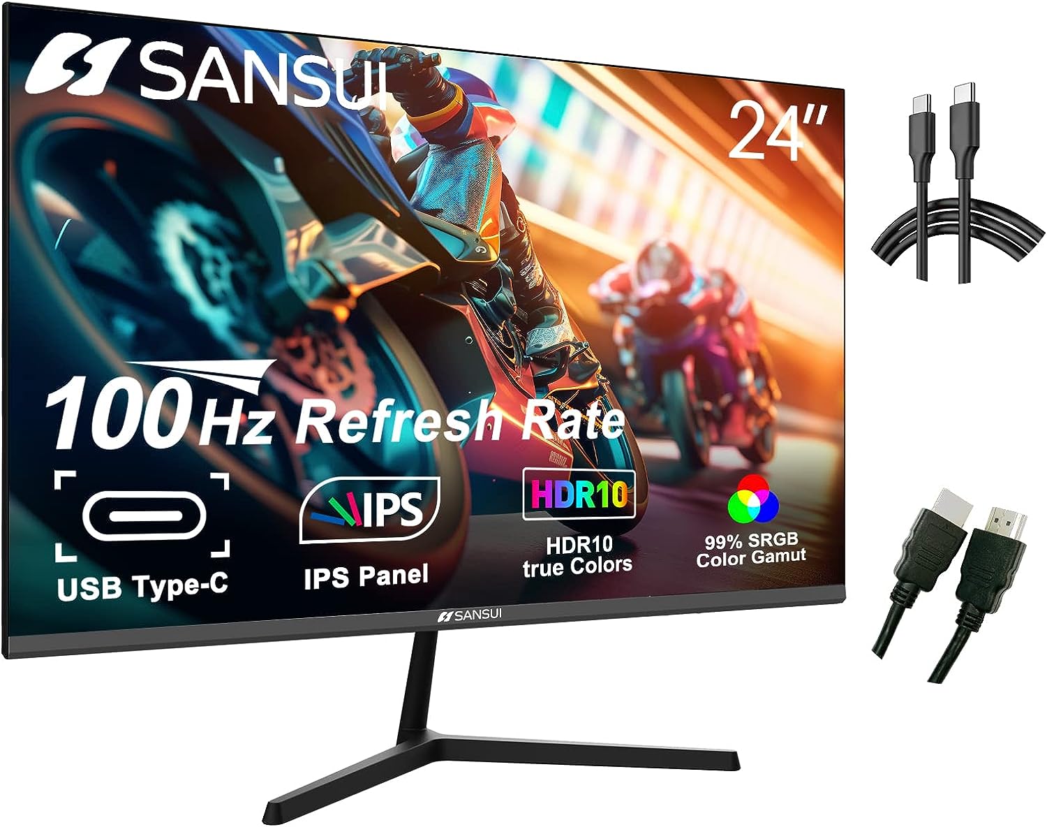 Sansui Monitor 24 inch FHD PC Monitor with USB Type-C, Built-in Speakers Earphone, Ultra-Slim Ergonomic Tilt Eye Care 75Hz with HDMI VGA for Home Office (ES-24F1 Type-C Cable & HDMI Cable Included)--1