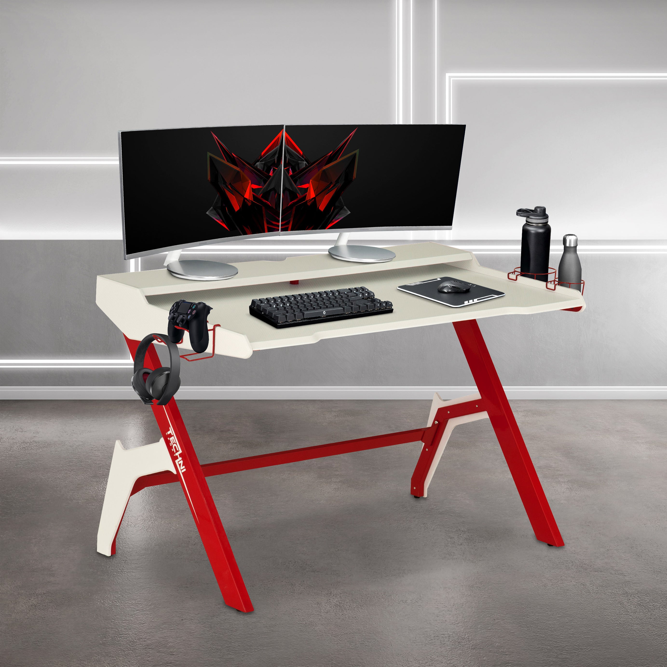 Techni Sport Ergonomic Computer Gaming  Desk Workstation with Cupholder & Headphone Hook, Red--1