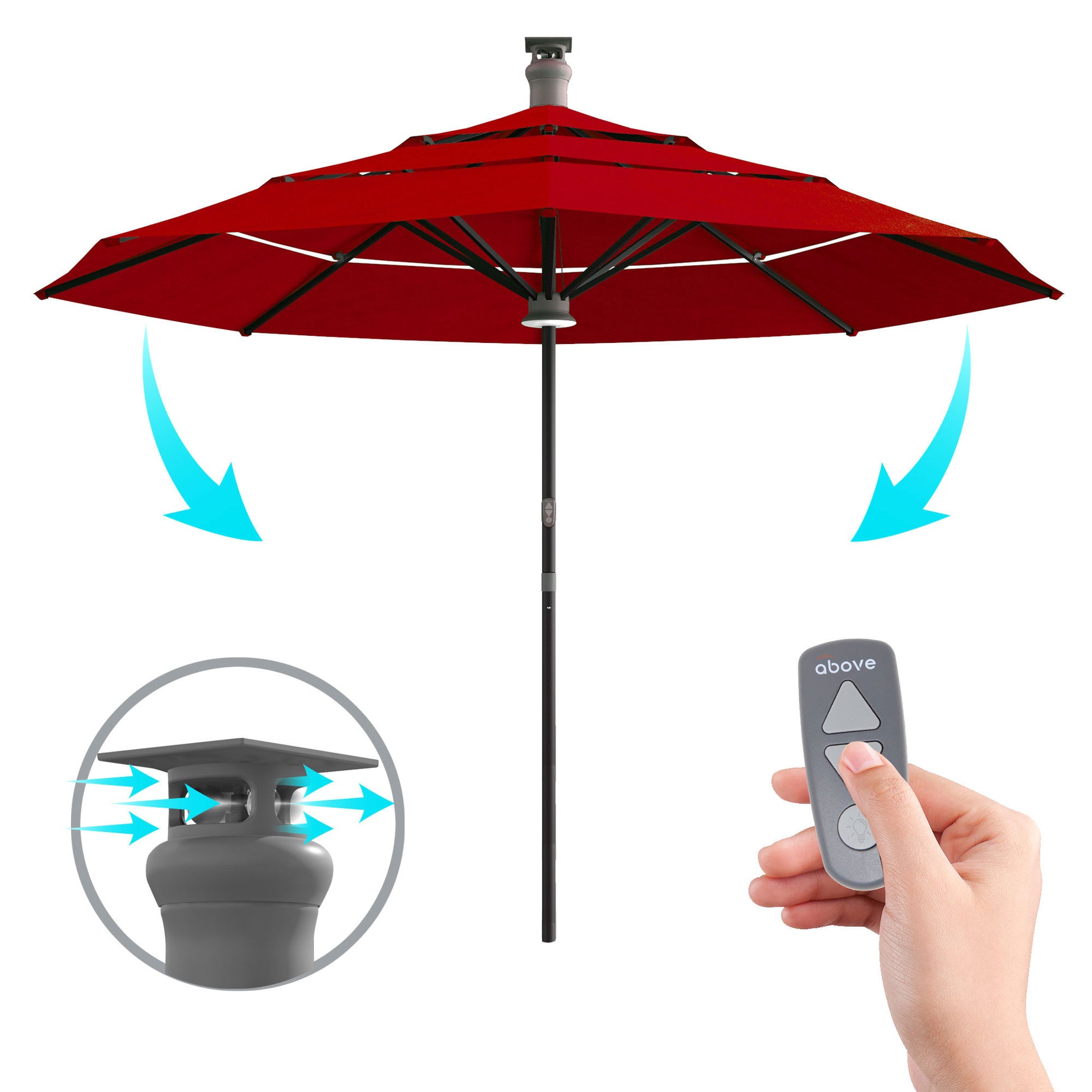 Above Height Series 11 Feet Smart Umbrella Sunbrella Spectrum Cherry with Remote Control, Wind Sensor, Solar Panel, LED Lighting--1