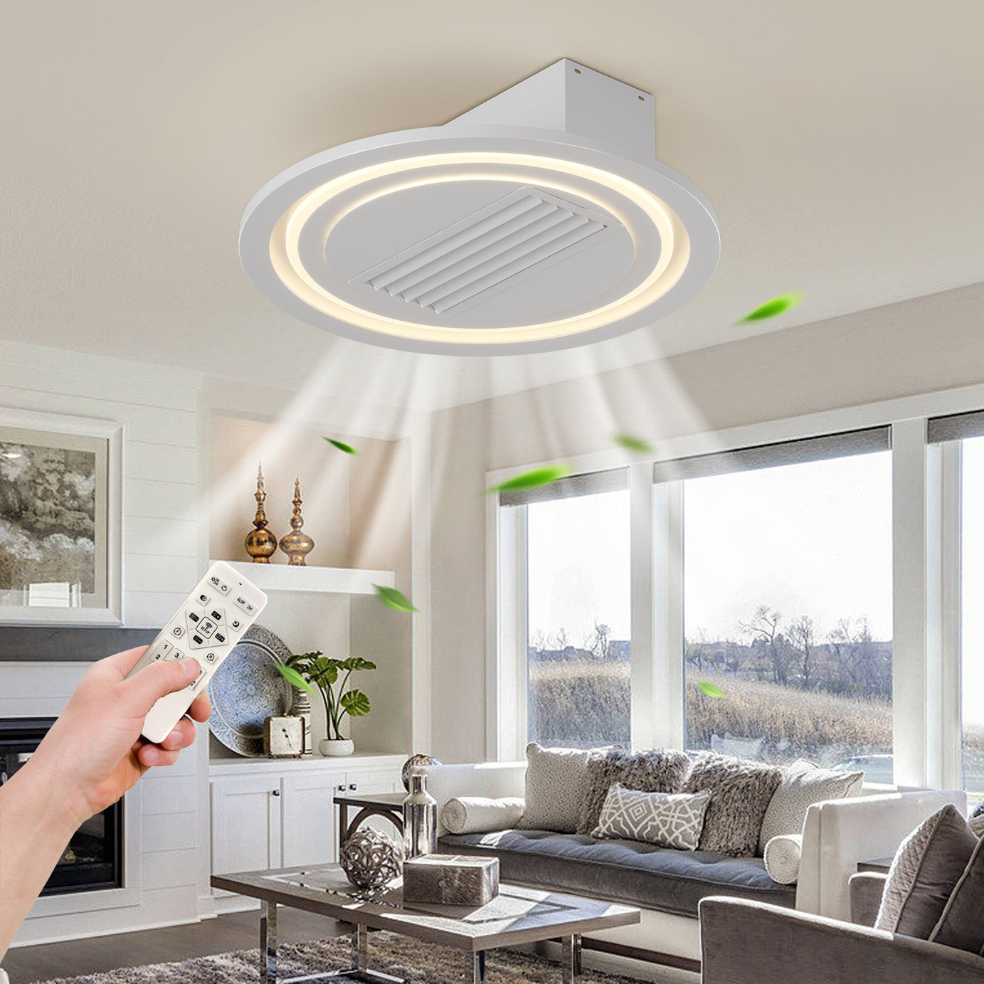 22inch Modern Leafless Ceiling Fan with Remote Control Removable and Washable, Reversible Motor--1