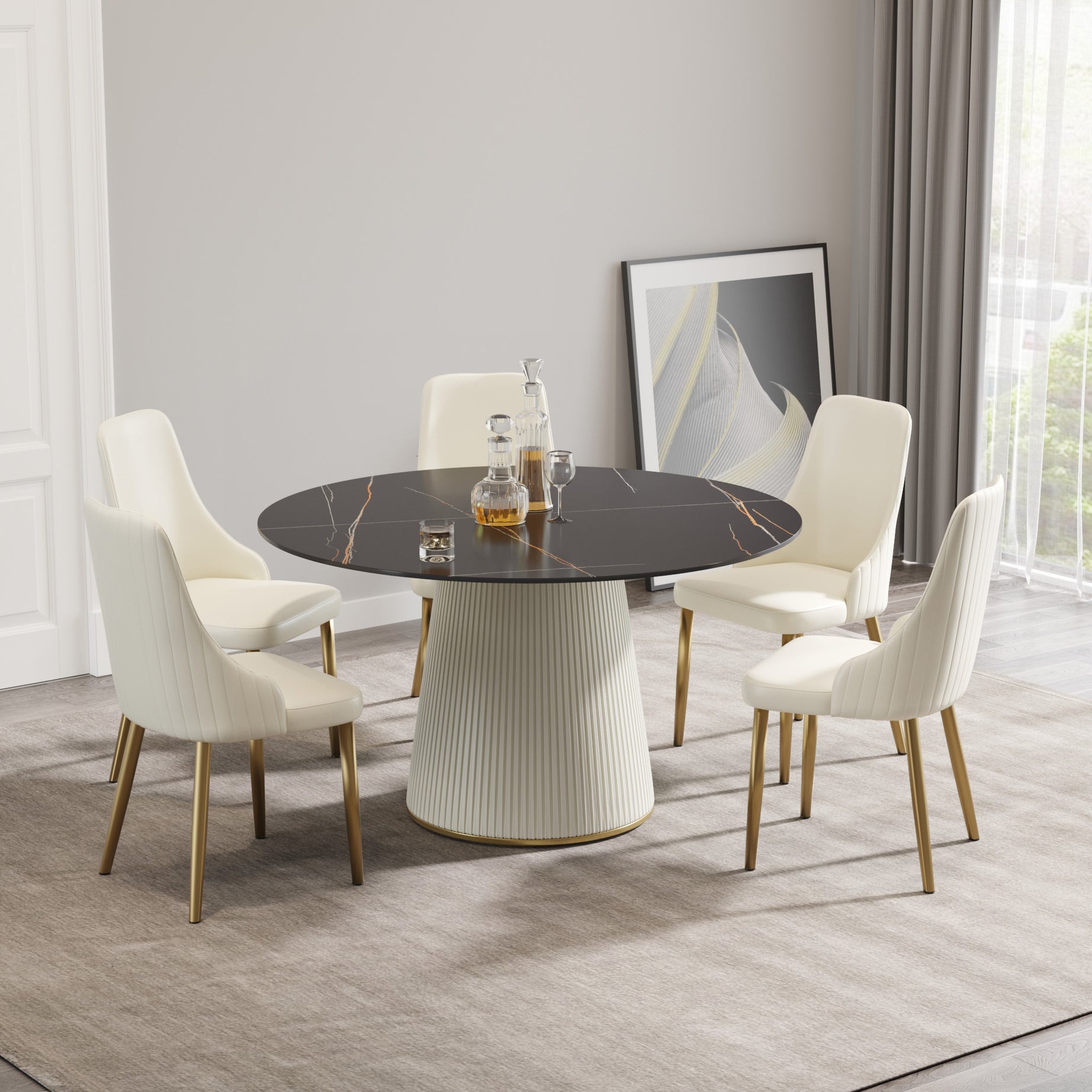 53.15 "Modern black artificial stone round beige plywood PU base dining table-can accommodate 6 people. (Not including chairs. )--1