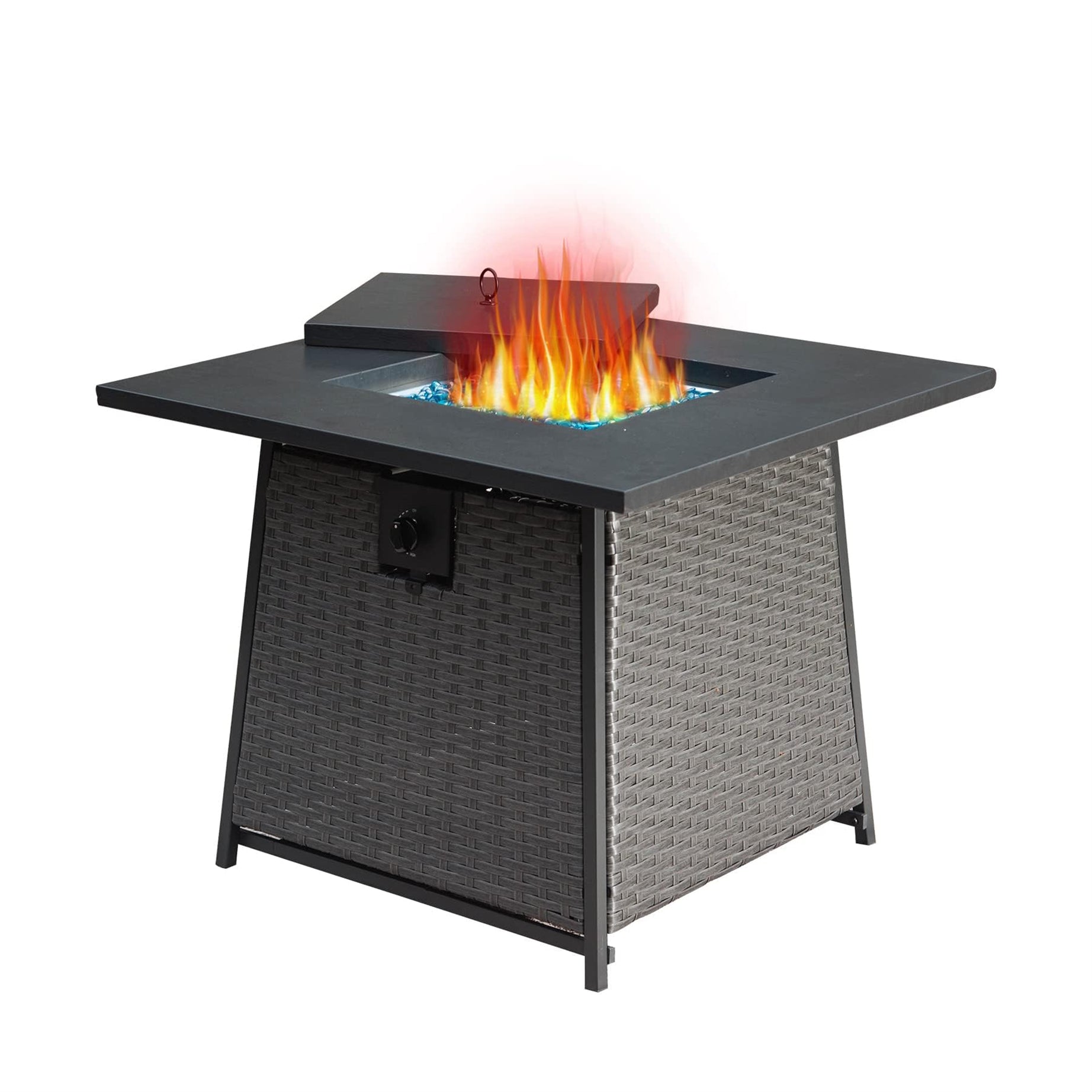 28 Inch Propane Fire Pits Table with Blue Glass Ball,50,000 BTU Outdoor Wicker Fire Table with ETL-Certified,2-in-1 Square Steel Gas Firepits (Dark Gray)--1