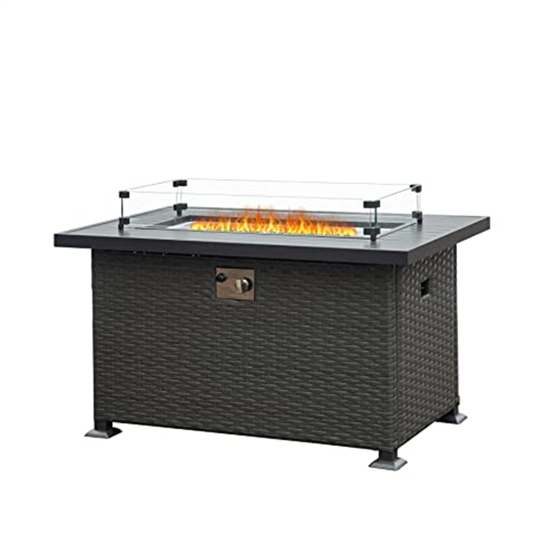 43.3 Inch Fire Pit Table with Glass Wind Guard, 50,000 BTU Smokeless Fire Pits for Outside with Aluminum Tabletop, Outdoor Wicker Gas Fire Pits for Patio--1