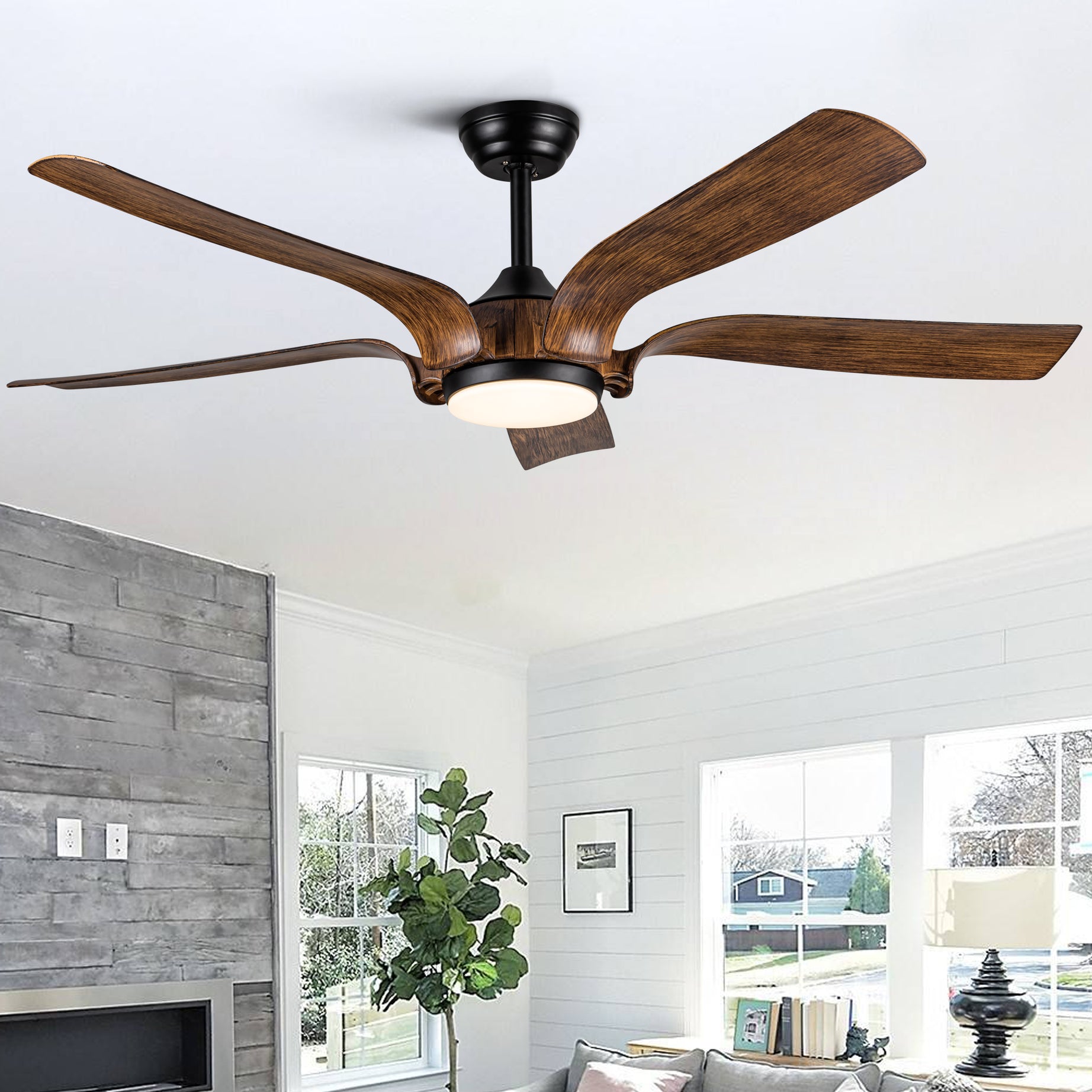 Smart 56" Integrated LED Ceiling Fan with  Antique Brown Blades in Matte Black Fan Body Finish--1