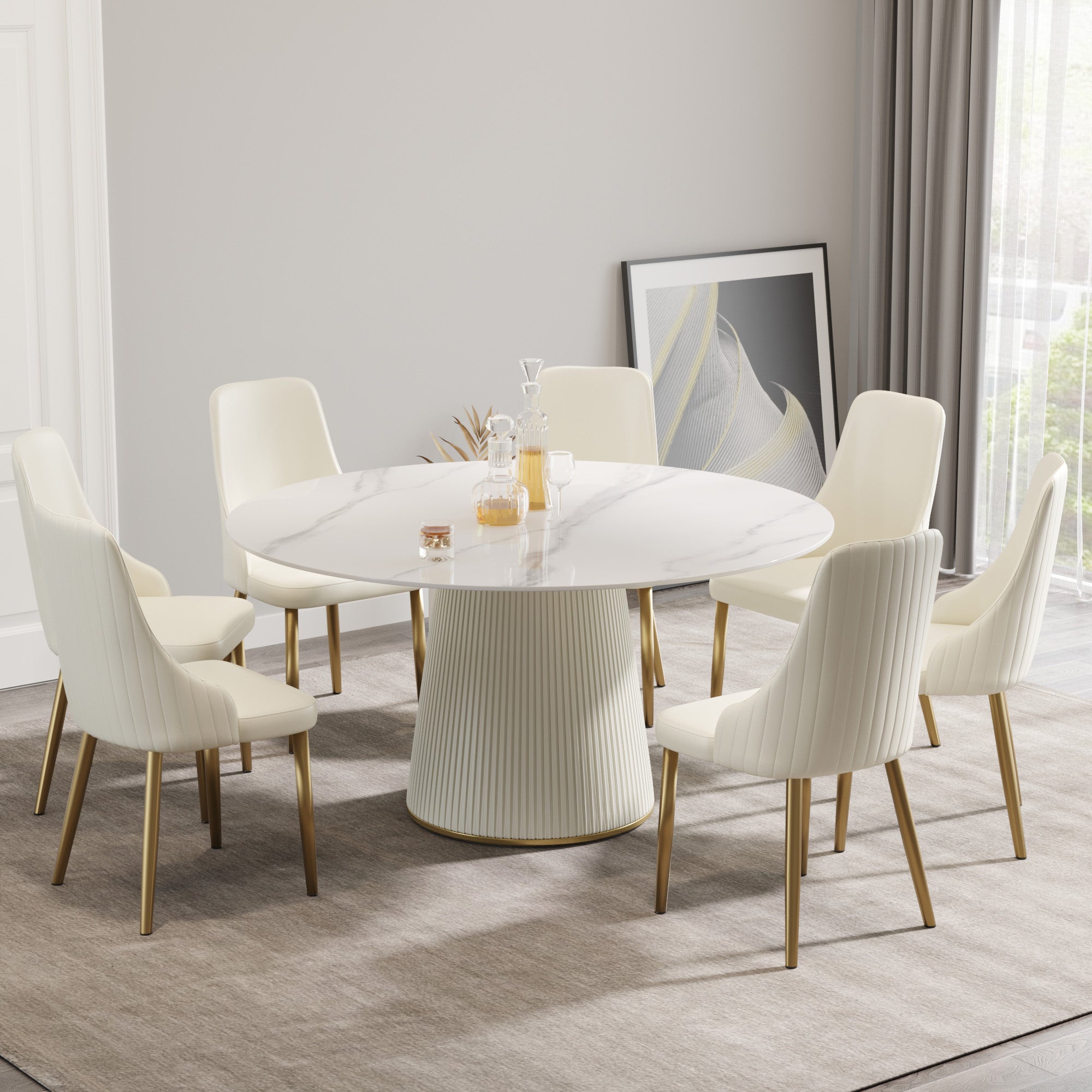 59.05 "Modern white artificial stone round beige plywood PU base dining table-can accommodate 8 people. (Not including chairs. )--1