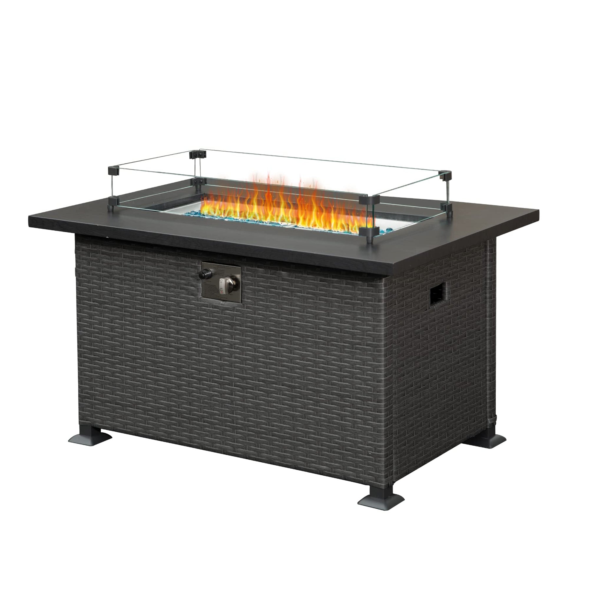 Fire Pit Table 43.3 Inch with Glass Wind Guard, 50,000 BTU Smokeless Fire Pits for Outside,Outdoor Wicker Gas Fire Pits for Patio (Dark Gray)--1