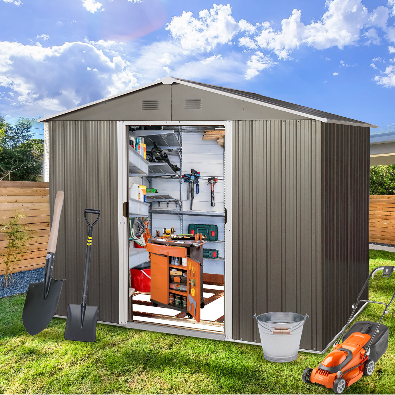 8ft x 6ft Outdoor Metal Storage Shed with Floor Base,Gray(SKU: W540S00012)--1